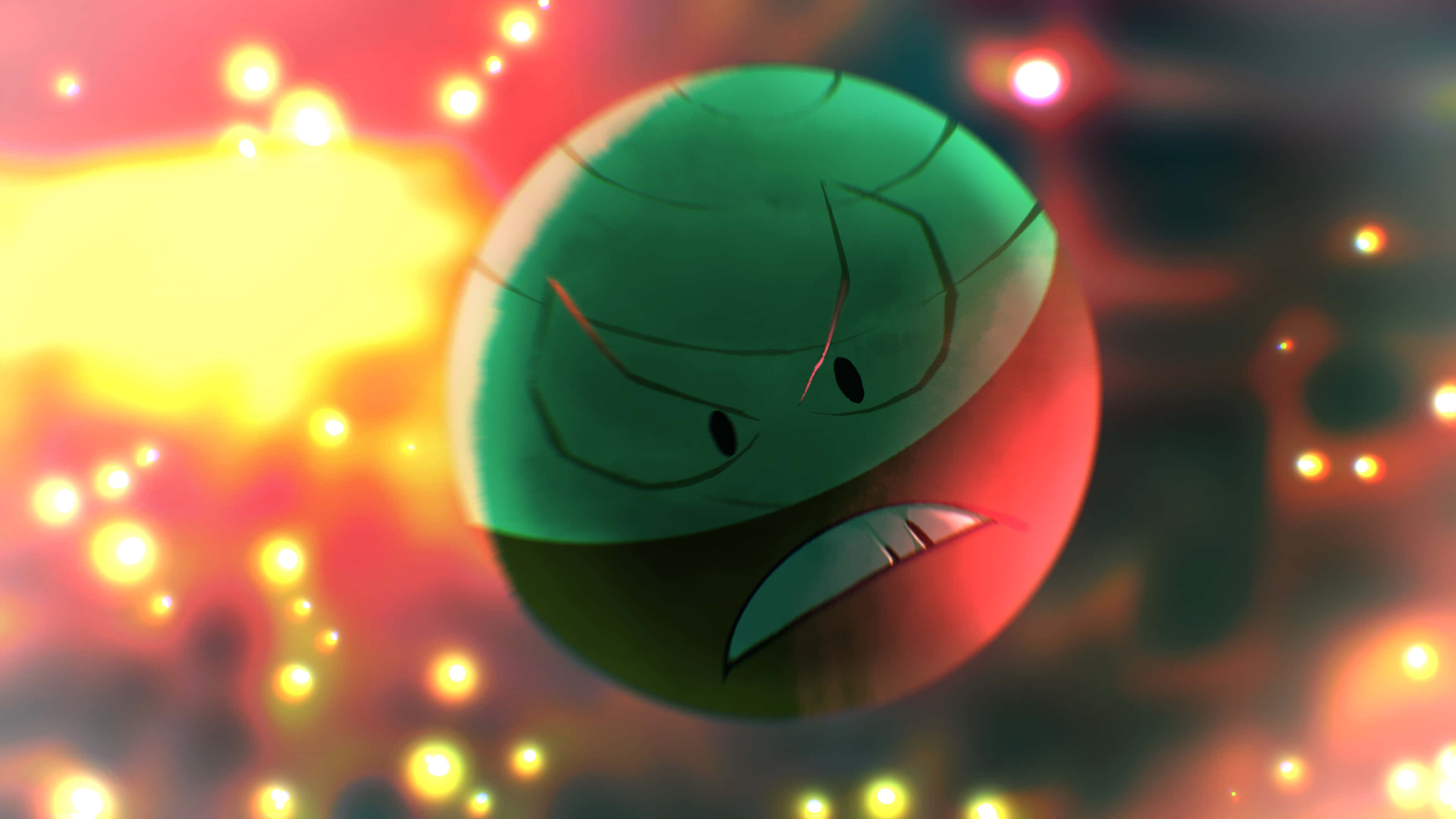 flying electrode, green spherical anime character, angry expression, 2K Desktop Wallpaper