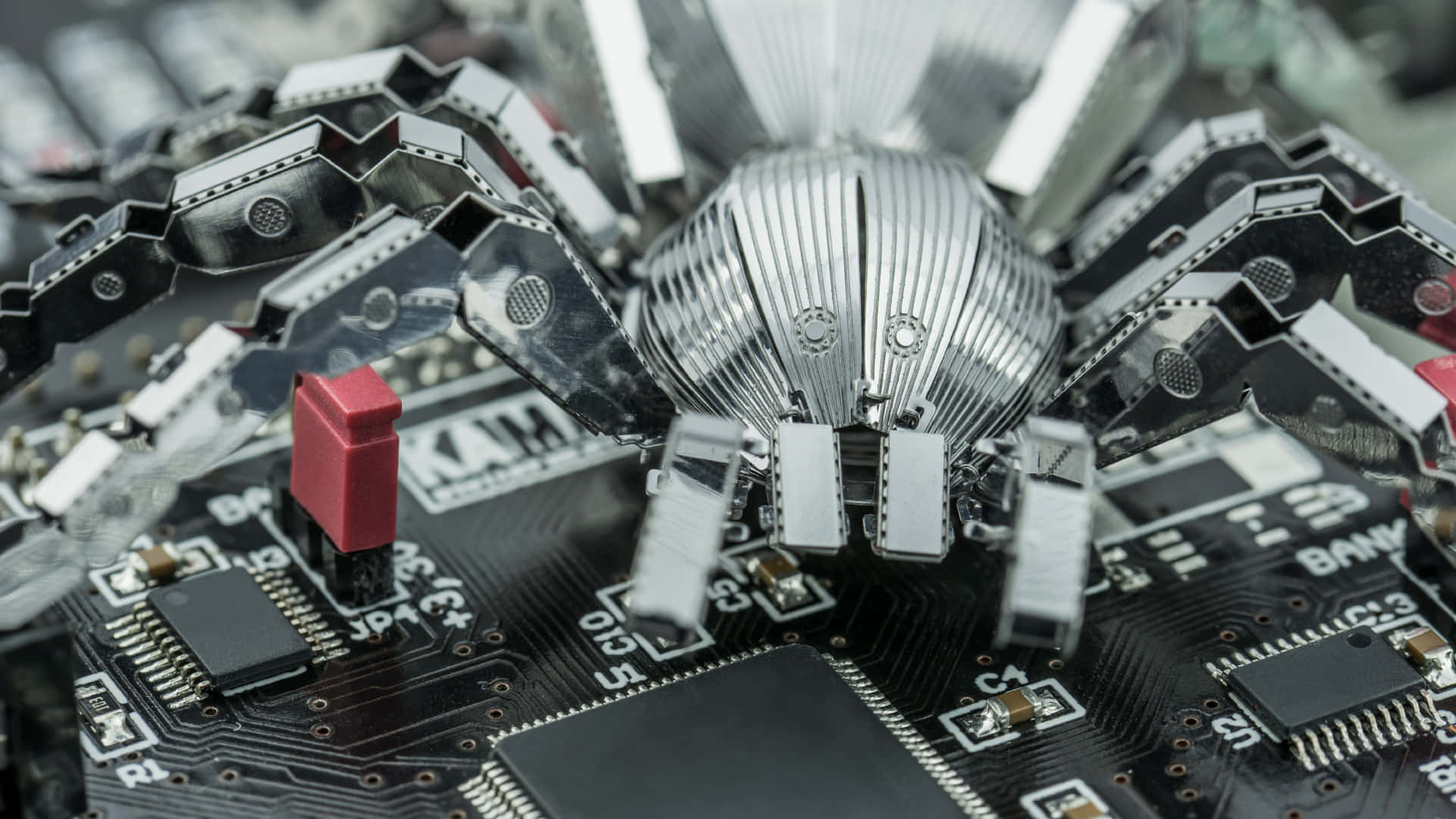 metallic spider-like robot, articulated legs, circuit board, Full HD Desktop Wallpaper