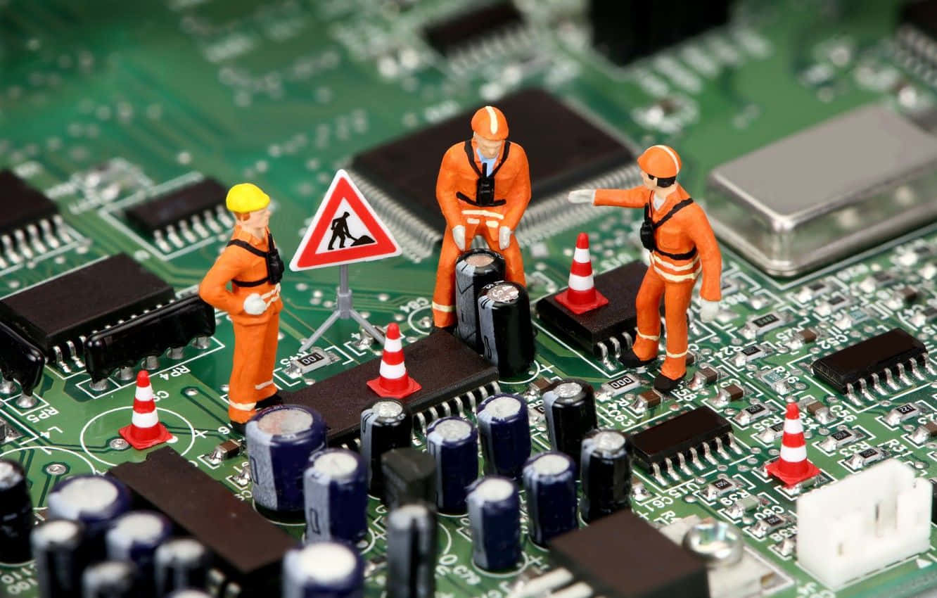 circuit board, green circuit board, red and white cones, HD Desktop Wallpaper