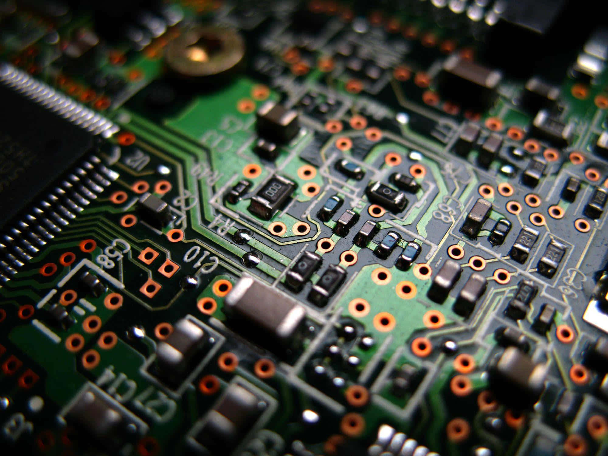 green circuit board, copper traces, orange solder pads, Full HD Desktop Wallpaper