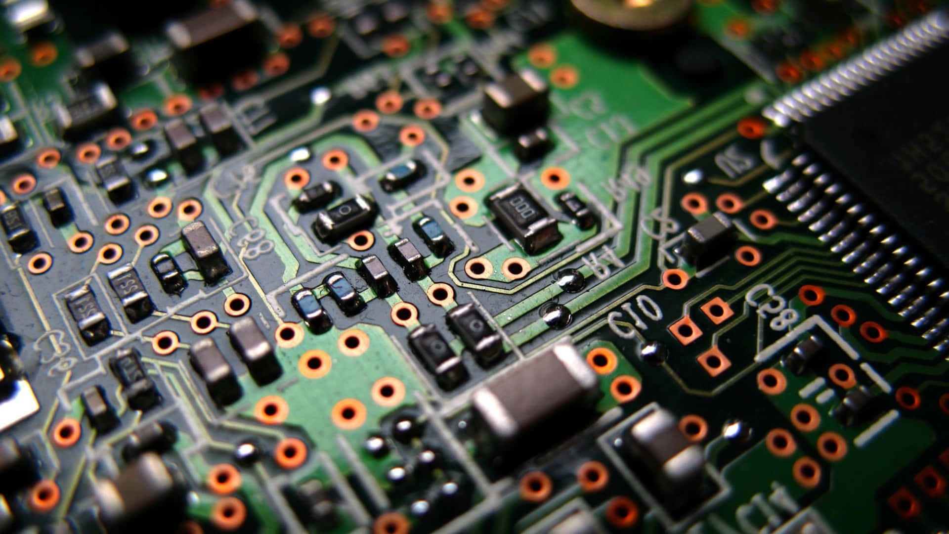 circuit board, green circuit board, copper traces, Full HD Desktop Wallpaper