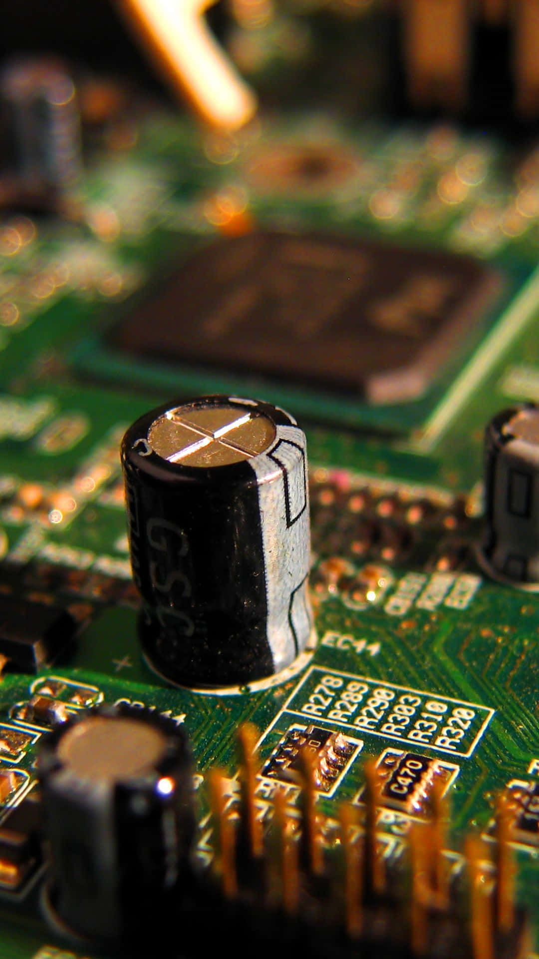 green circuit board, black cylindrical capacitor, macro shot, Full HD Phone Wallpaper