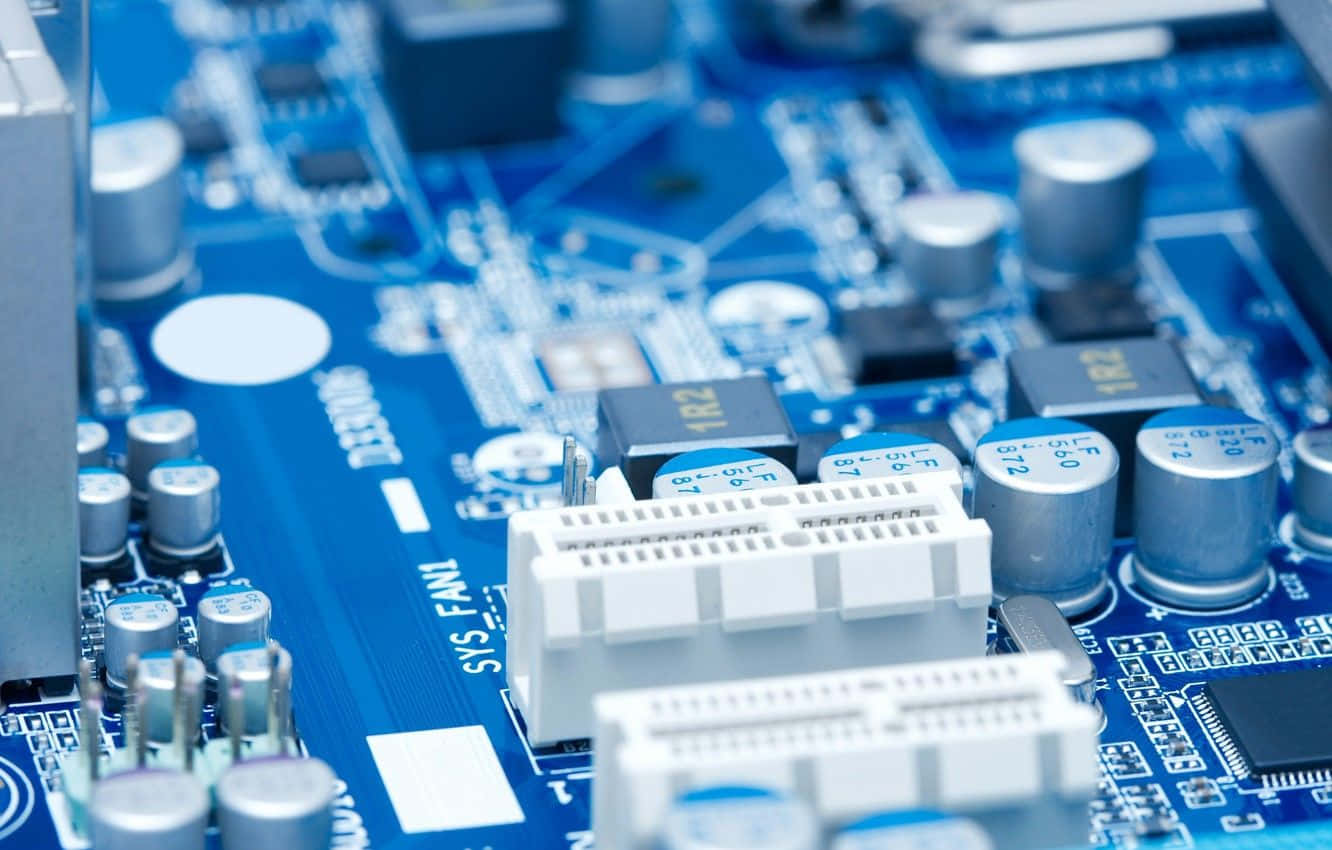 blue computer motherboard, silver capacitors, white connectors, HD Desktop Wallpaper