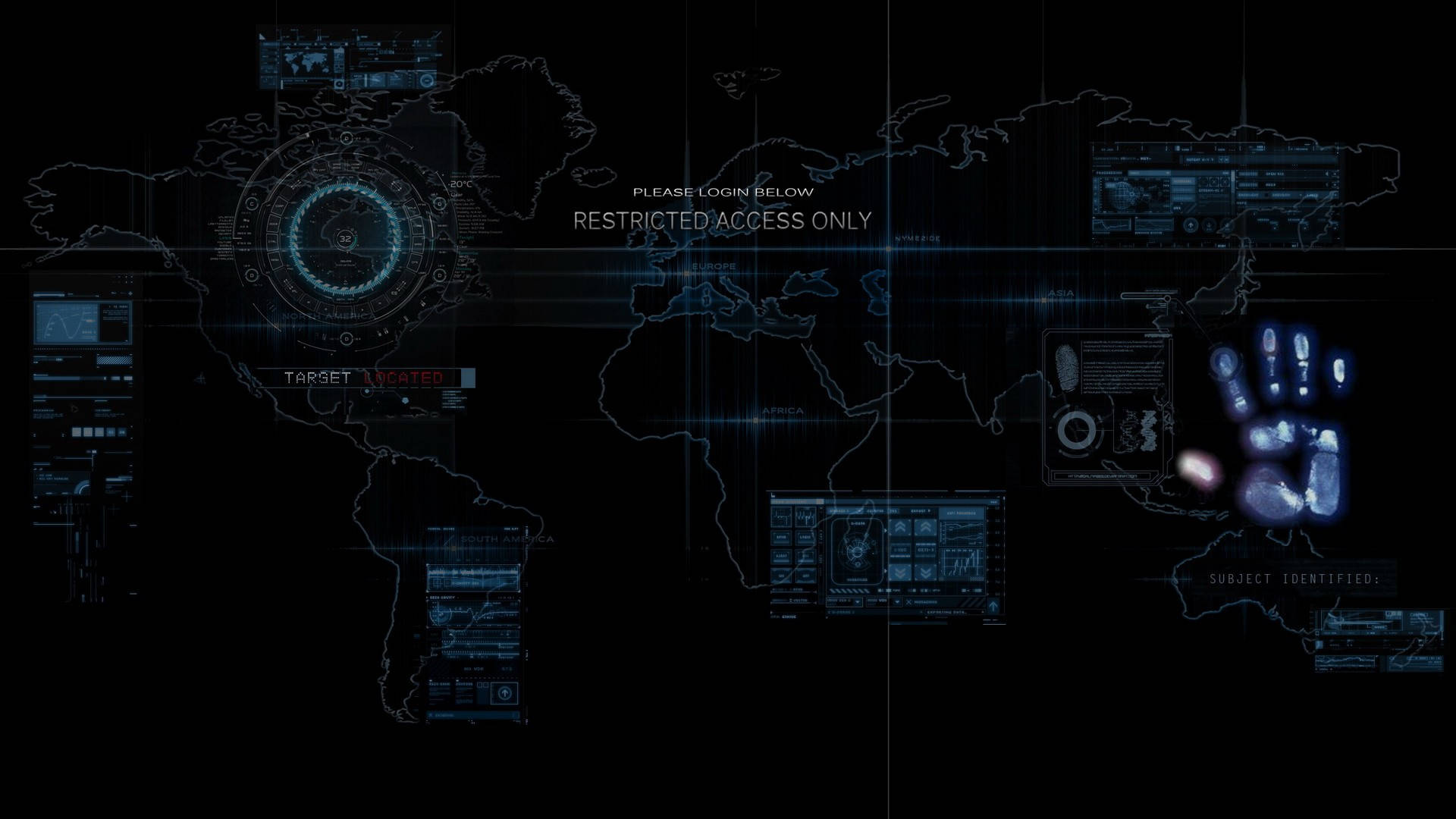 futuristic digital circuit board, binary code, glowing blue holographic data panels, Full HD Desktop Wallpaper
