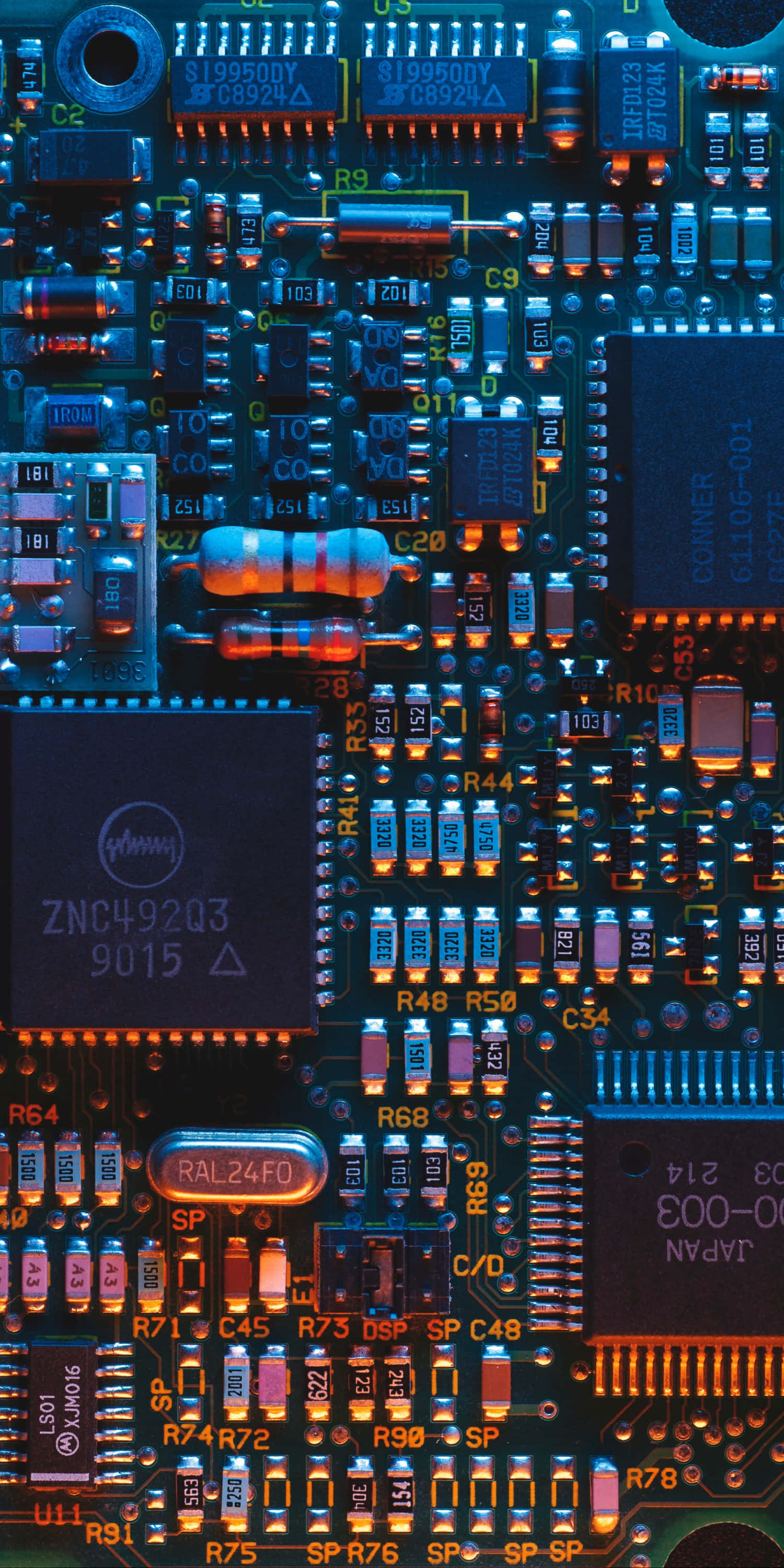 illuminated electronics circuit board, blue and orange lights, glowing circuit board, 2K Phone Wallpaper