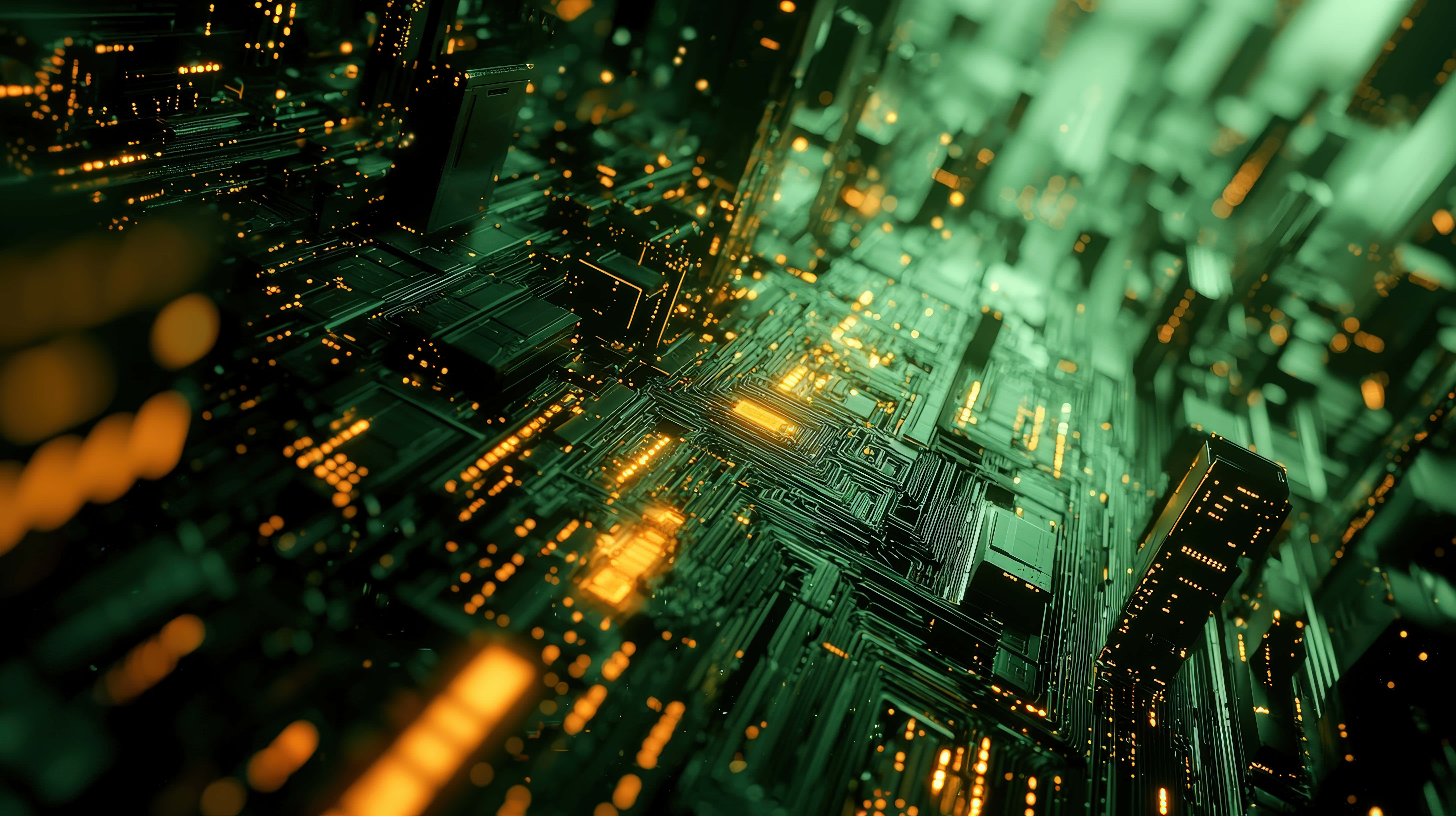 green and gold hues, circuitry, futuristic cityscape, 8K Desktop Wallpaper