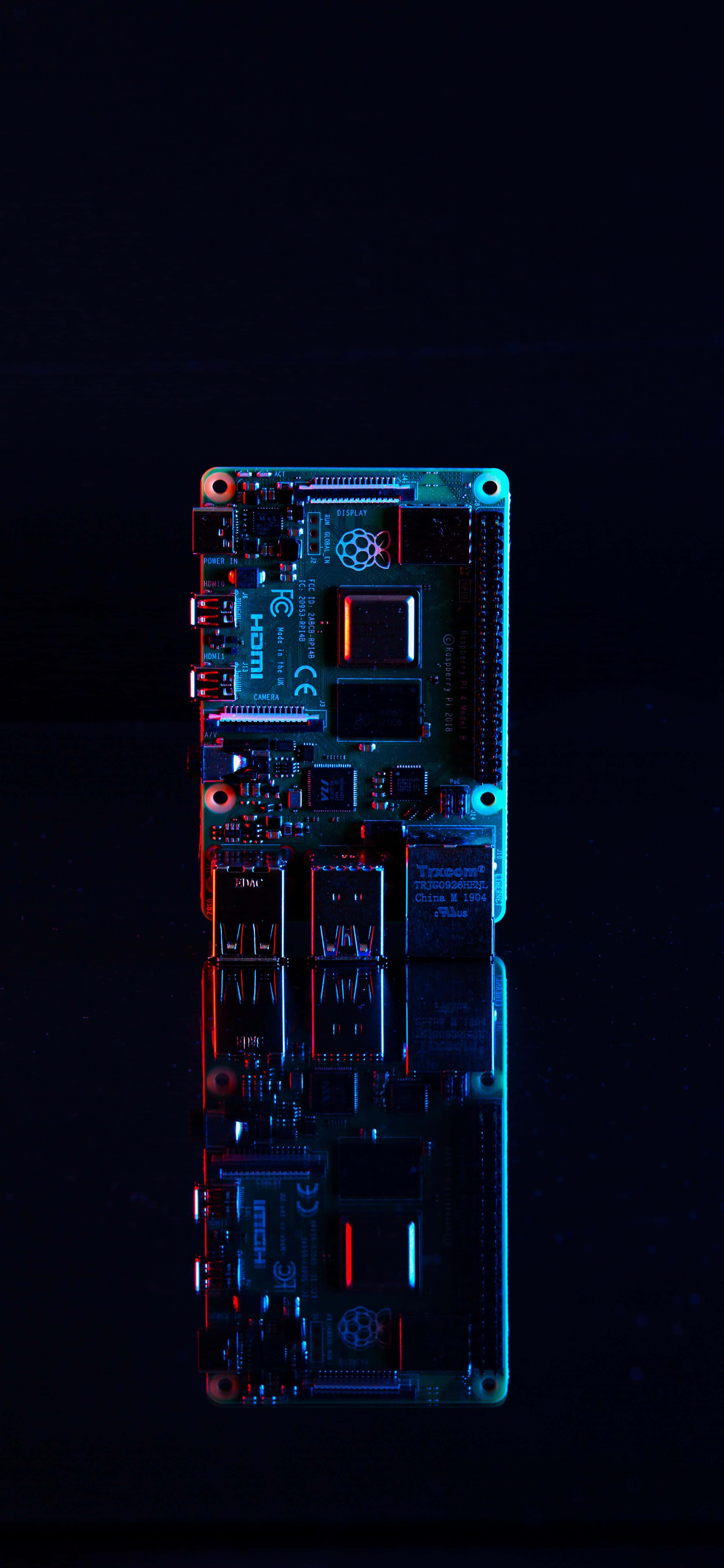 raspberry pi, blue neon lights, red neon lights, 5K Phone Wallpaper