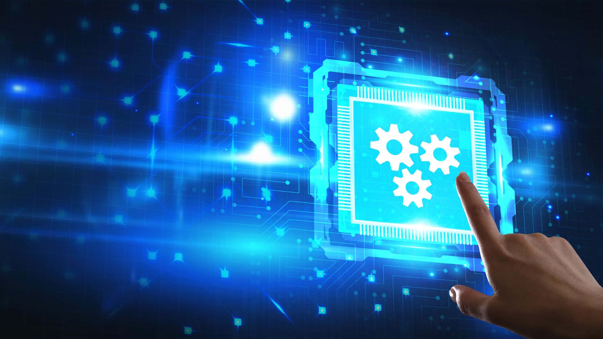 glowing blue holographic chip, three gears, digital circuit background, Full HD Desktop Wallpaper