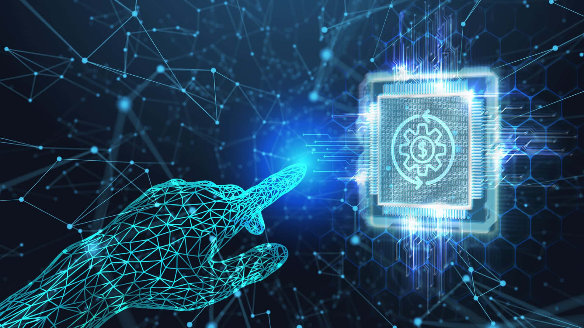 digital hand, holographic chip, dollar sign gear, Full HD Desktop Wallpaper