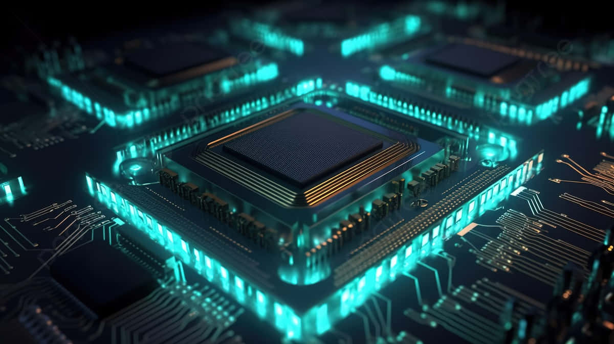 glowing teal microchip, circuit board, intricate golden pathways, SD Desktop Wallpaper