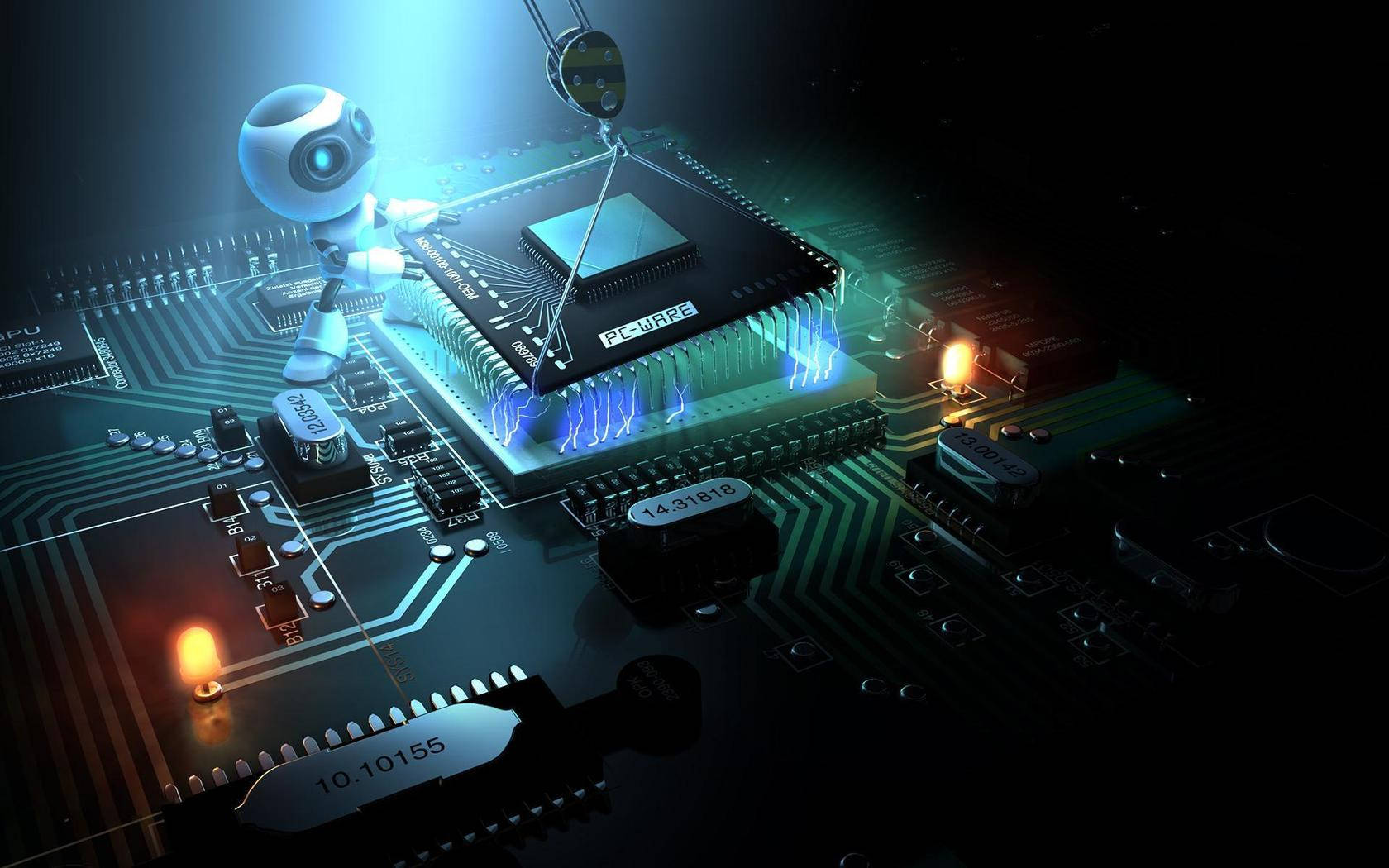 glowing blue microchip, circuit board, small robot, HD Desktop Wallpaper