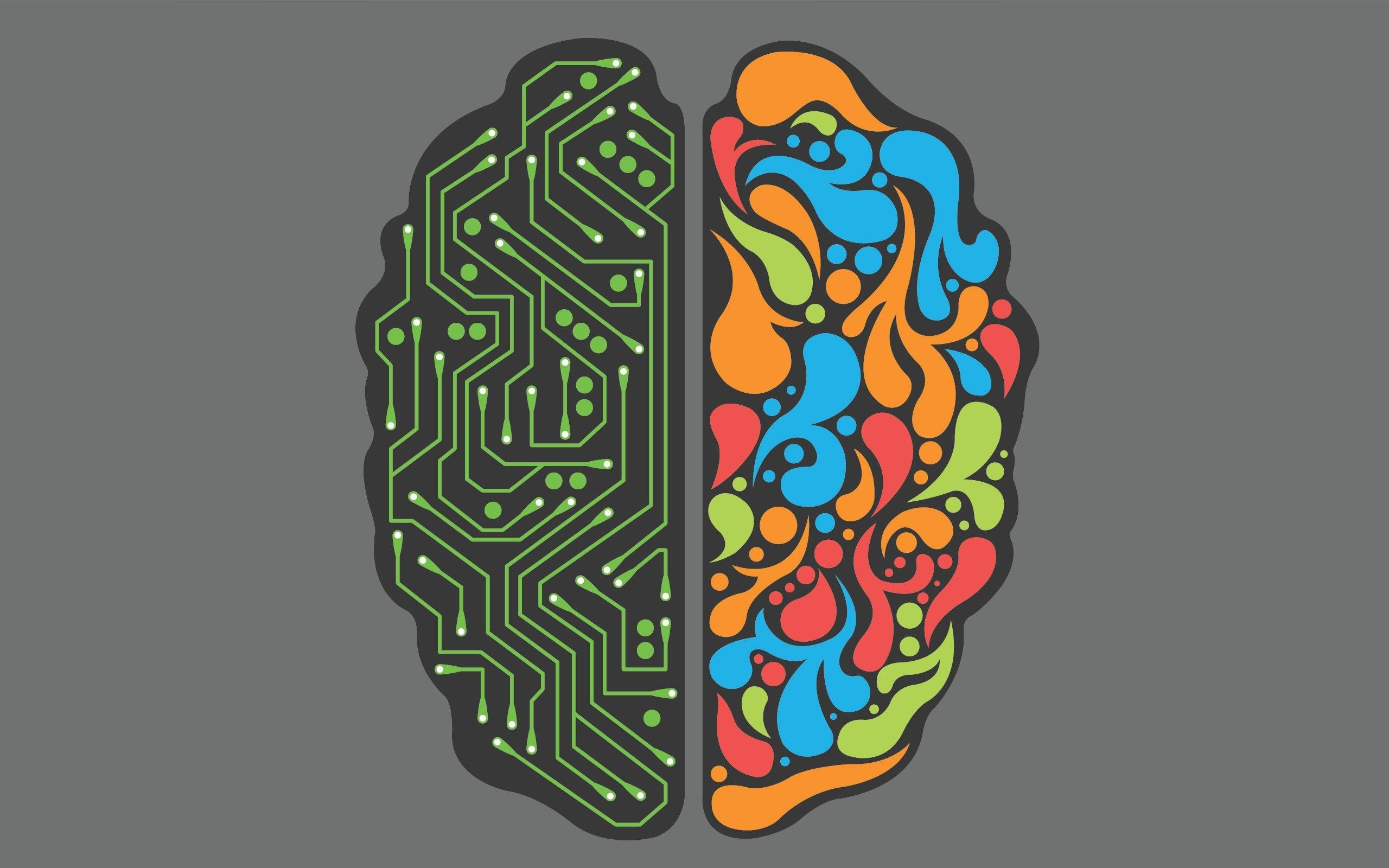 brain shaped electronic circuit, circuit board green, vibrant abstract swirls of color, 2K Desktop Wallpaper