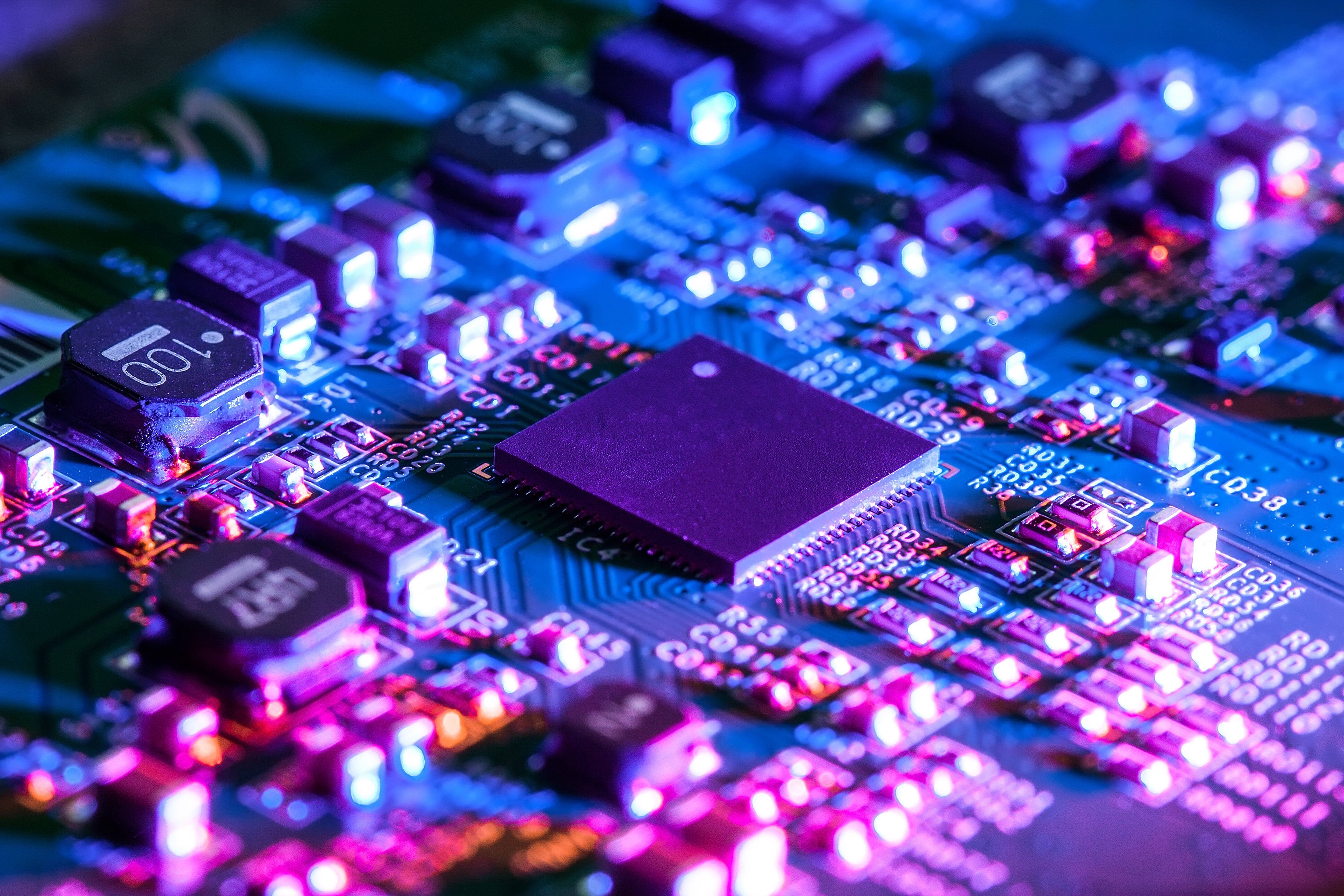 circuit board, purple neon lights, blue neon lights, 5K Desktop Wallpaper