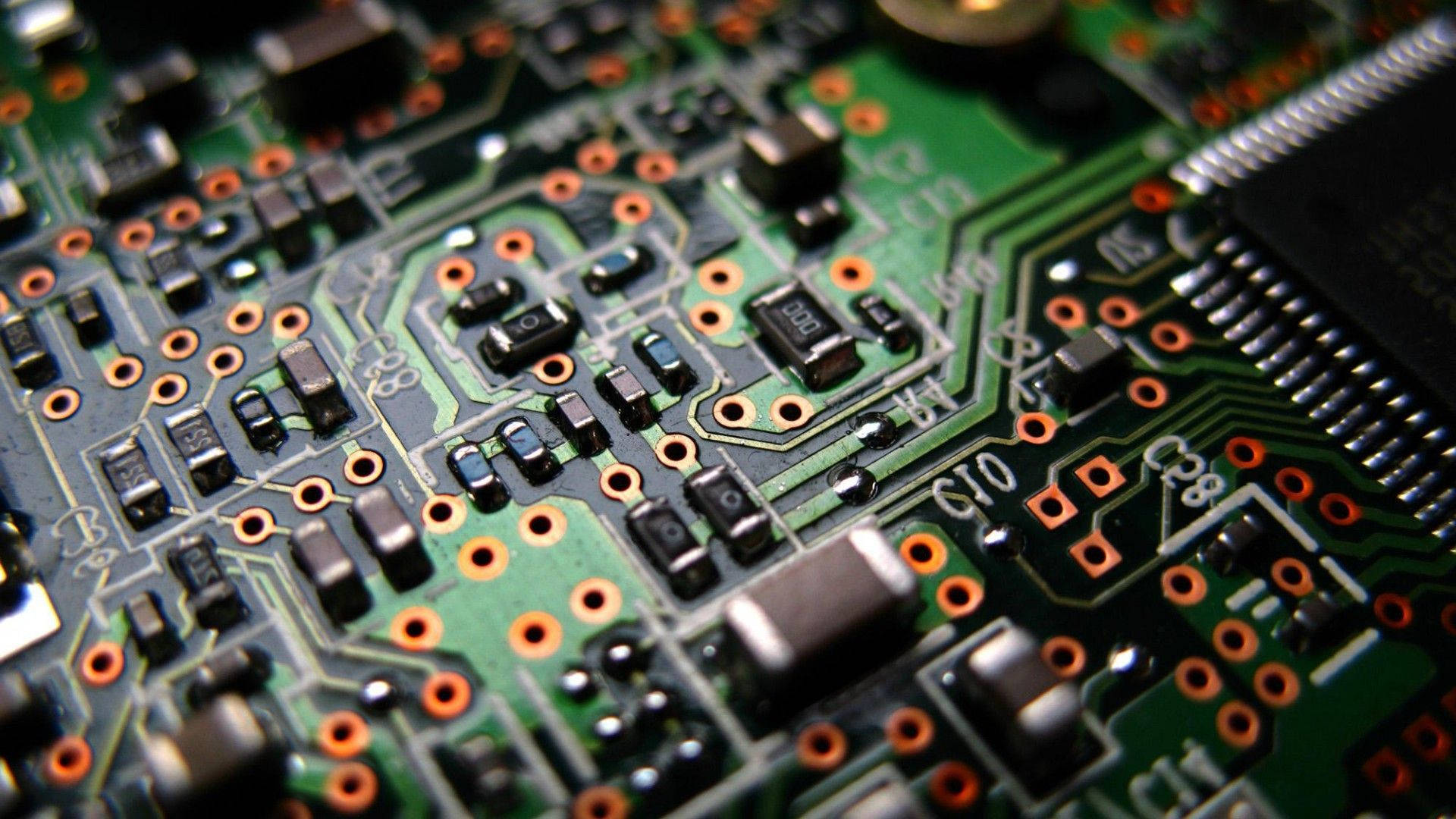 circuit board, green circuit board, copper traces, Full HD Desktop Wallpaper