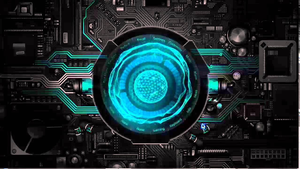 glowing blue holographic interface, black circuit board, neon green pathways, SD Desktop Wallpaper