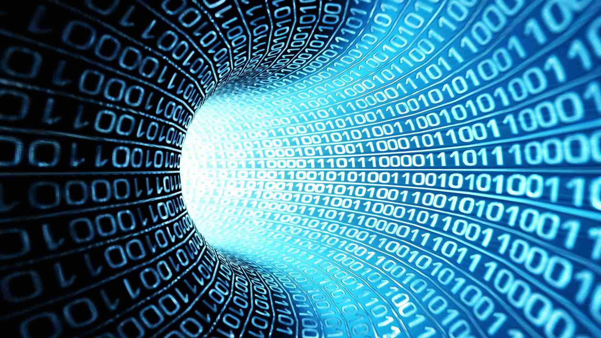 glowing blue digital tunnel, flowing binary code, bright white light, Full HD Desktop Wallpaper