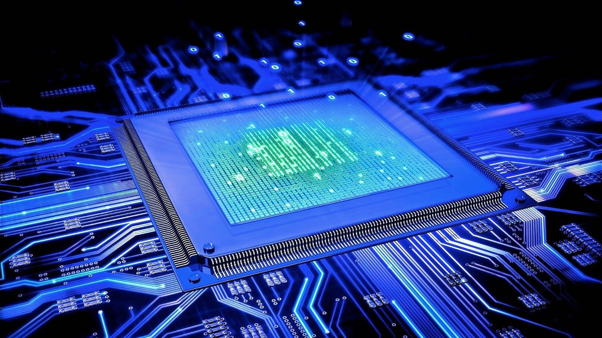 glowing blue microchip, green light, intricate circuit board, Full HD Desktop Wallpaper