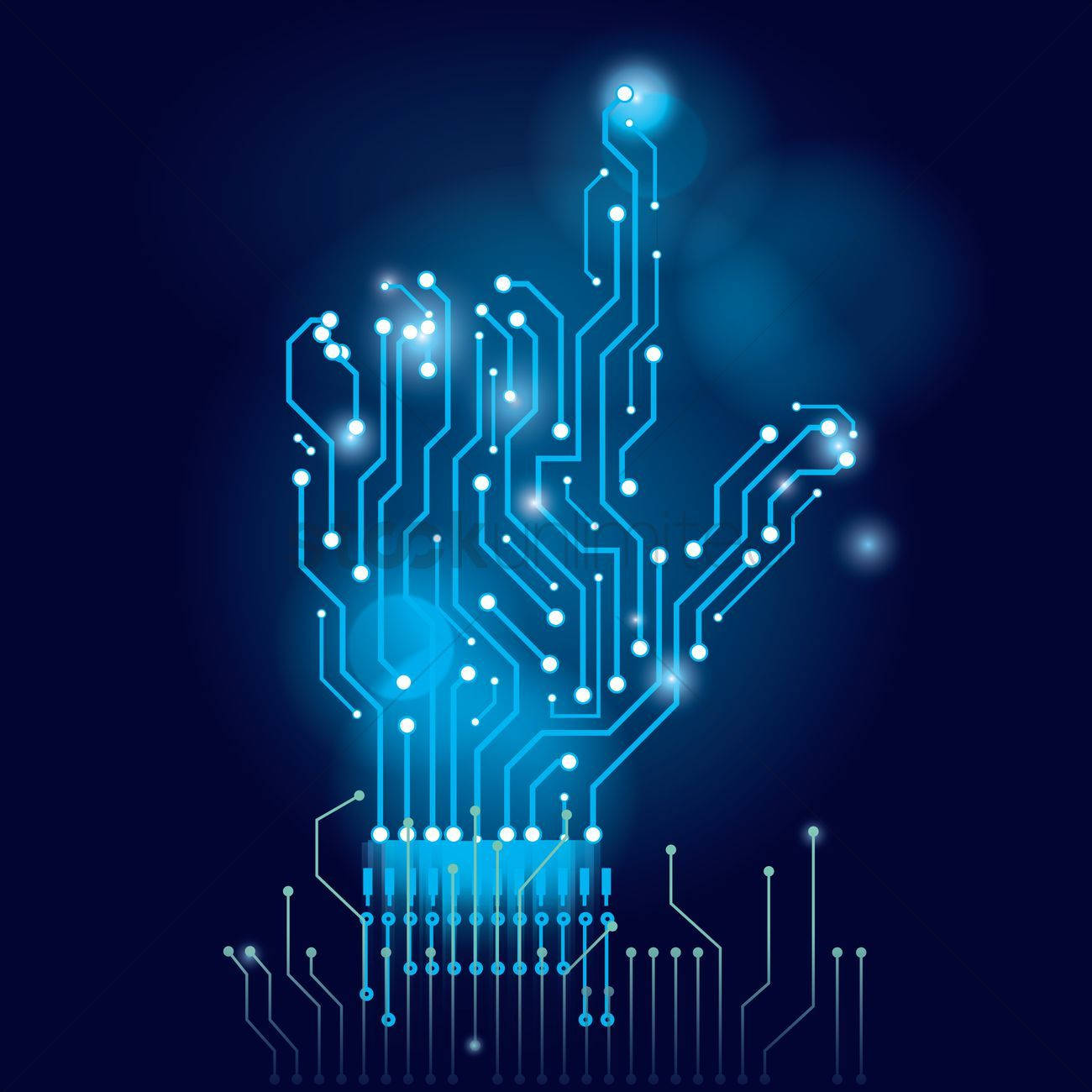 glowing blue circuit board hand, dark background, light flares, HD Desktop Wallpaper
