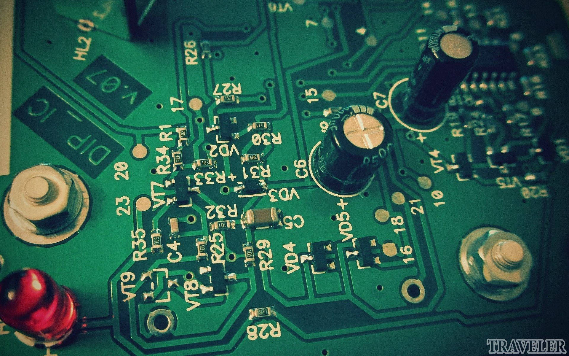 circuit board, capacitors, red LED, Full HD Desktop Wallpaper