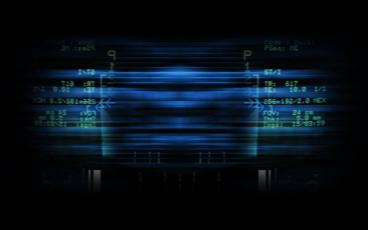 futuristic MRI scan display, glowing blue lines, green technical text, HD Desktop Wallpaper