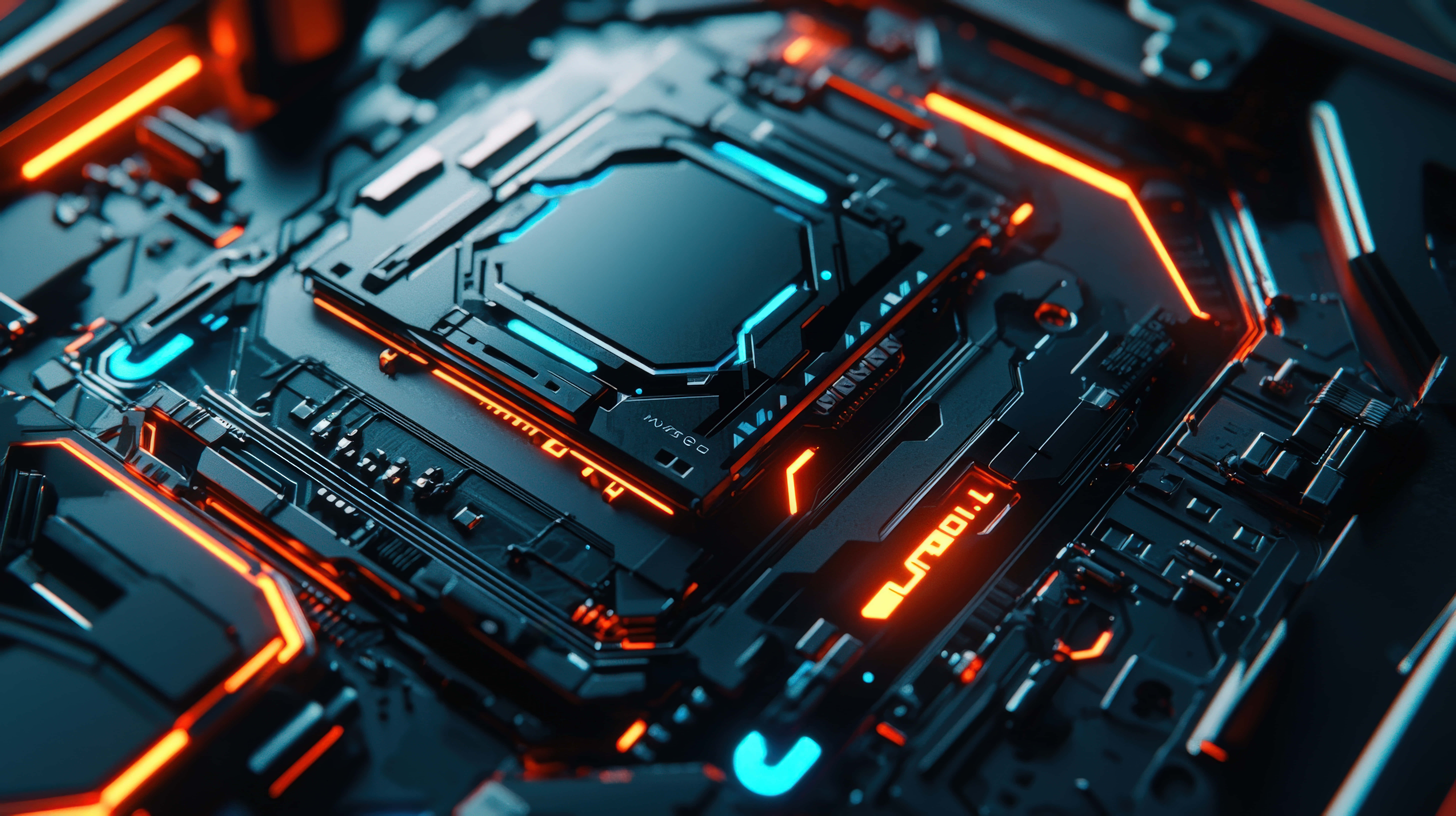 high-tech motherboard, glowing red and blue LED lights, futuristic black motherboard, 8K Desktop Wallpaper