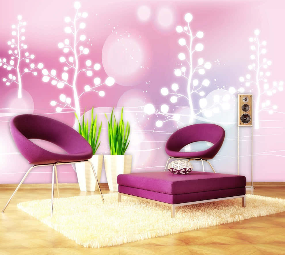 modern pink living room, purple chairs, ottoman, SD Desktop Wallpaper