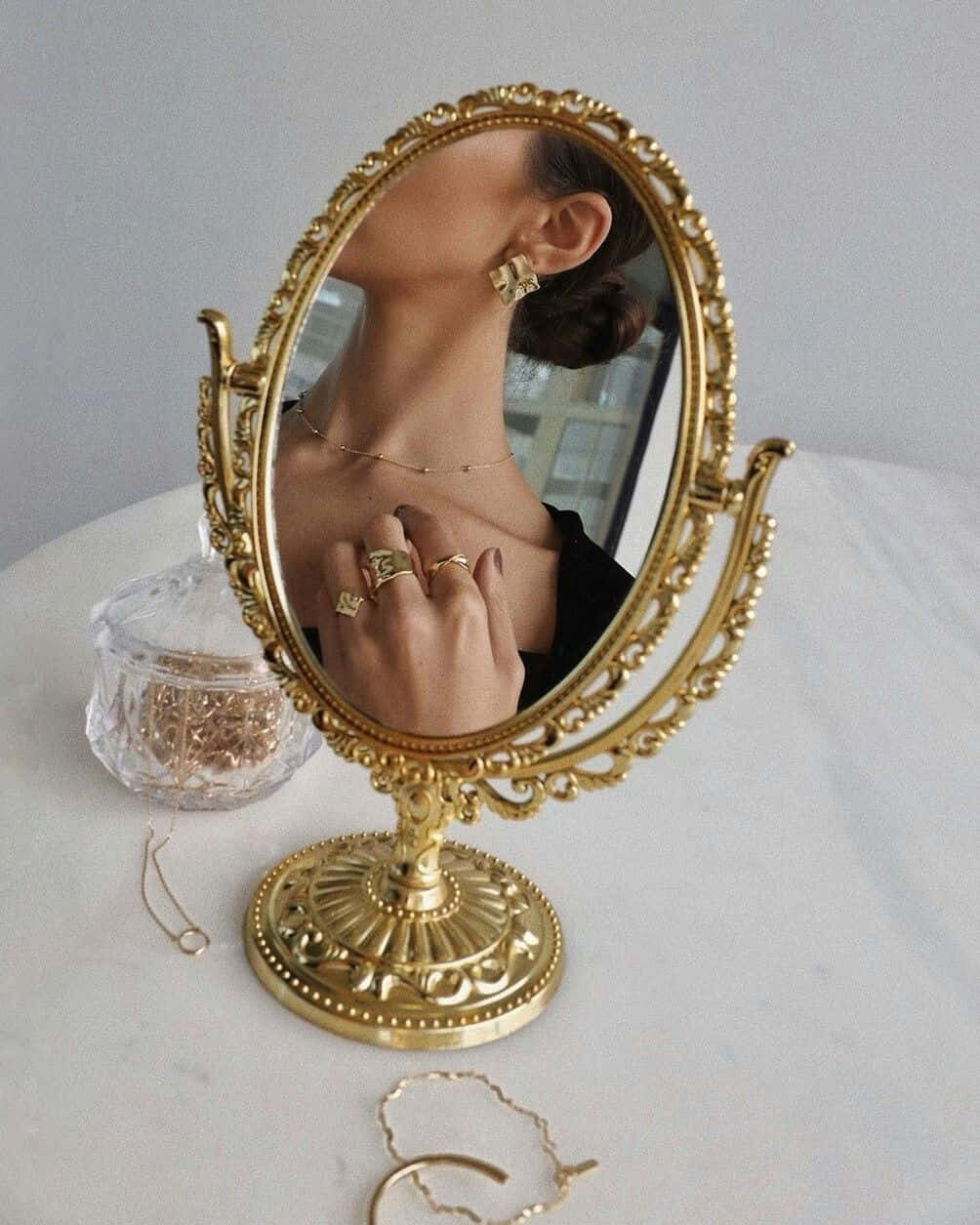 gold mirror, gold jewelry, ornate vintage mirror, SD Phone Wallpaper