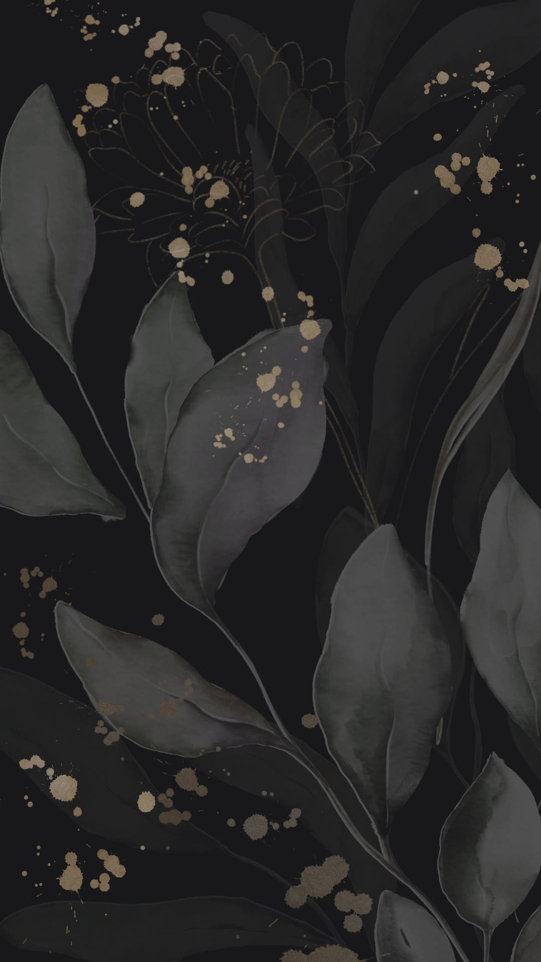 black leaves floral phone, dark gray leaves, delicate gold splatters, Full HD Phone Wallpaper
