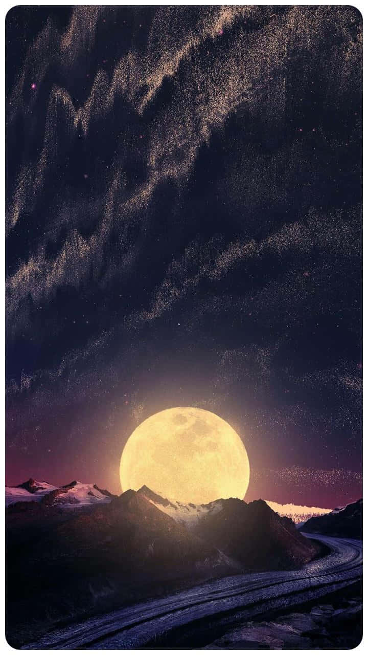 Elegant Moon Road Painting, glowing full moon, snowcapped mountains, HD Phone Wallpaper