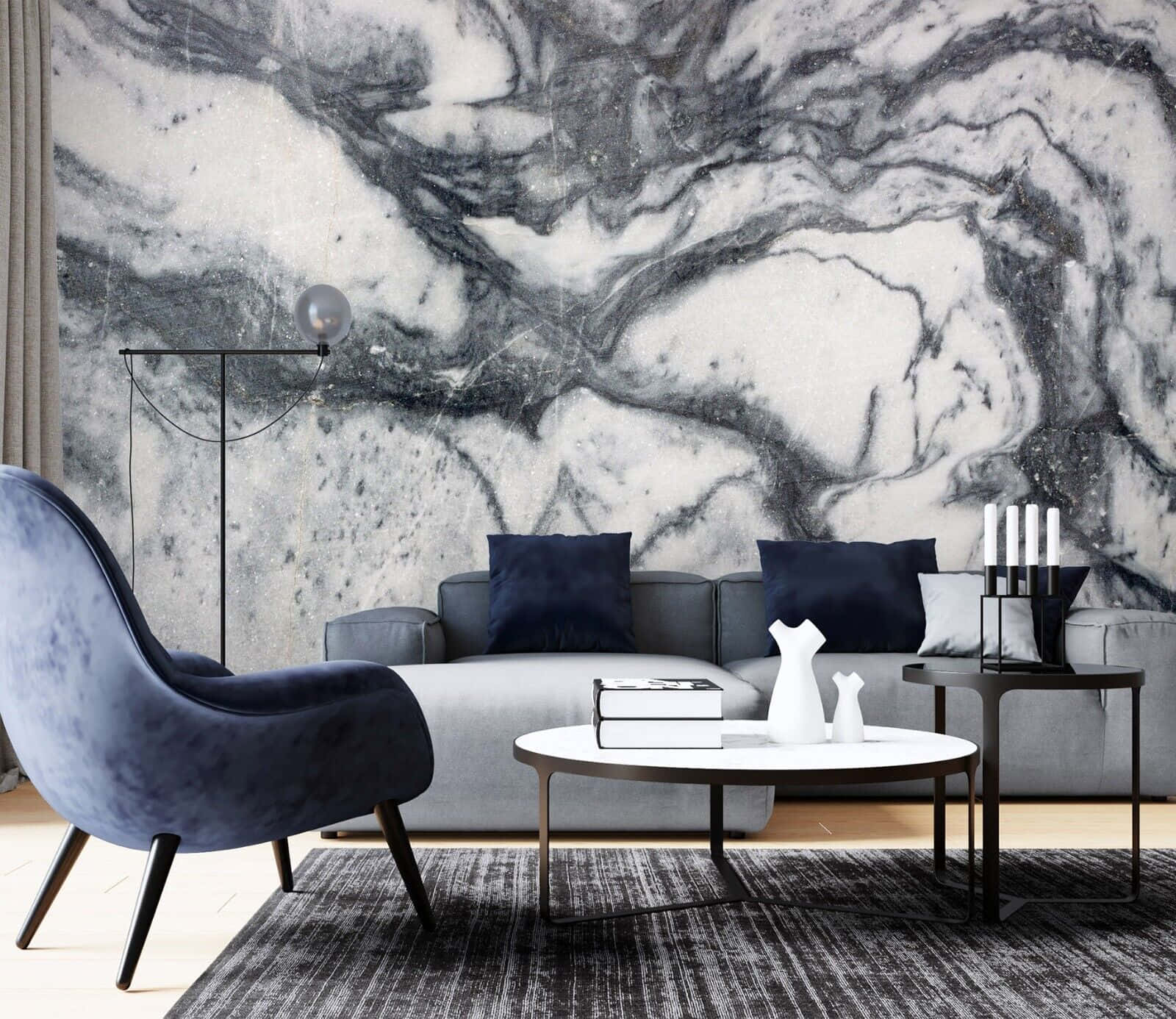 gray sofa, navy velvet chair, black and white marble wallpaper, HD Desktop Wallpaper