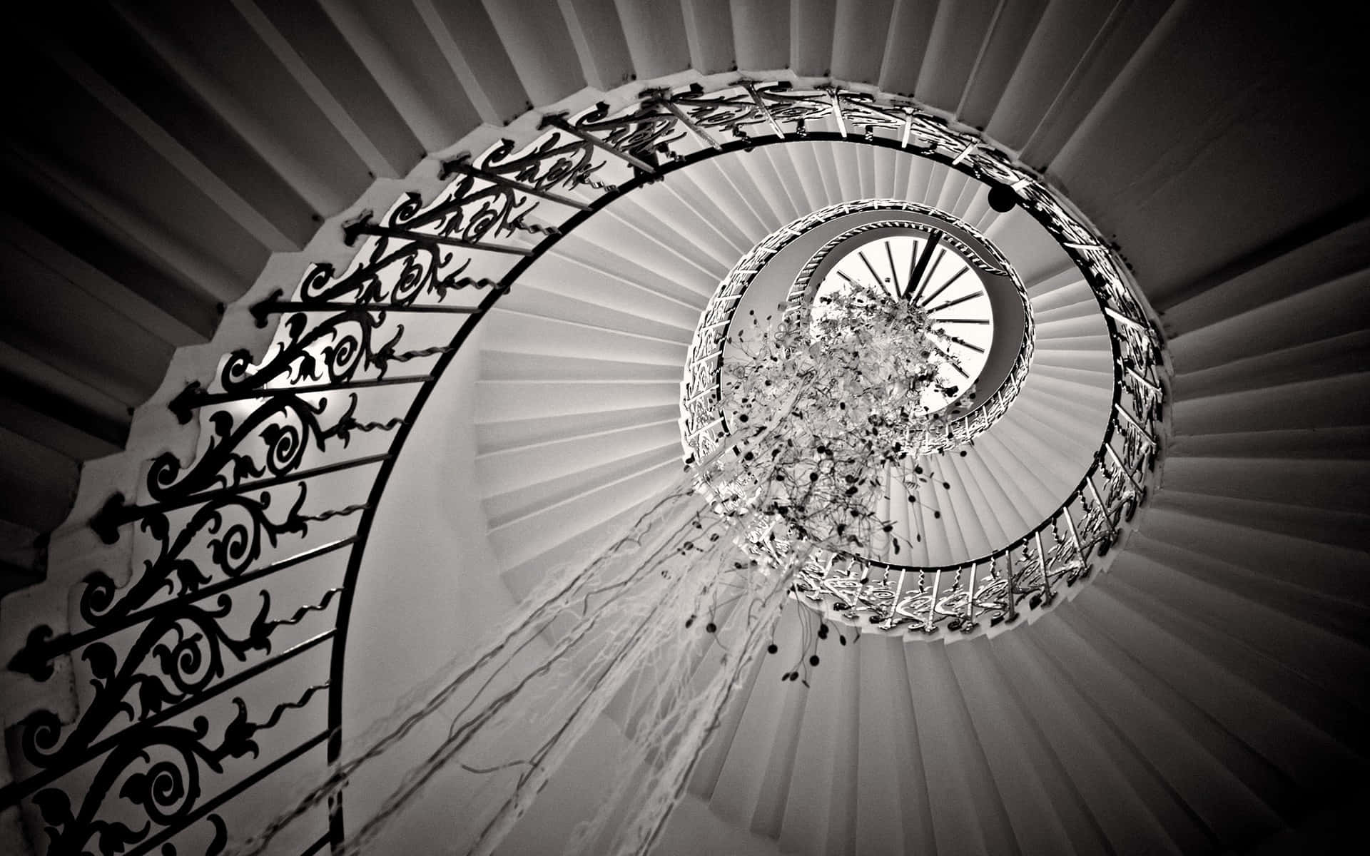 Spiraling Chandelier Steps, black and white spiral staircase, ornate iron railings, Full HD Desktop Wallpaper
