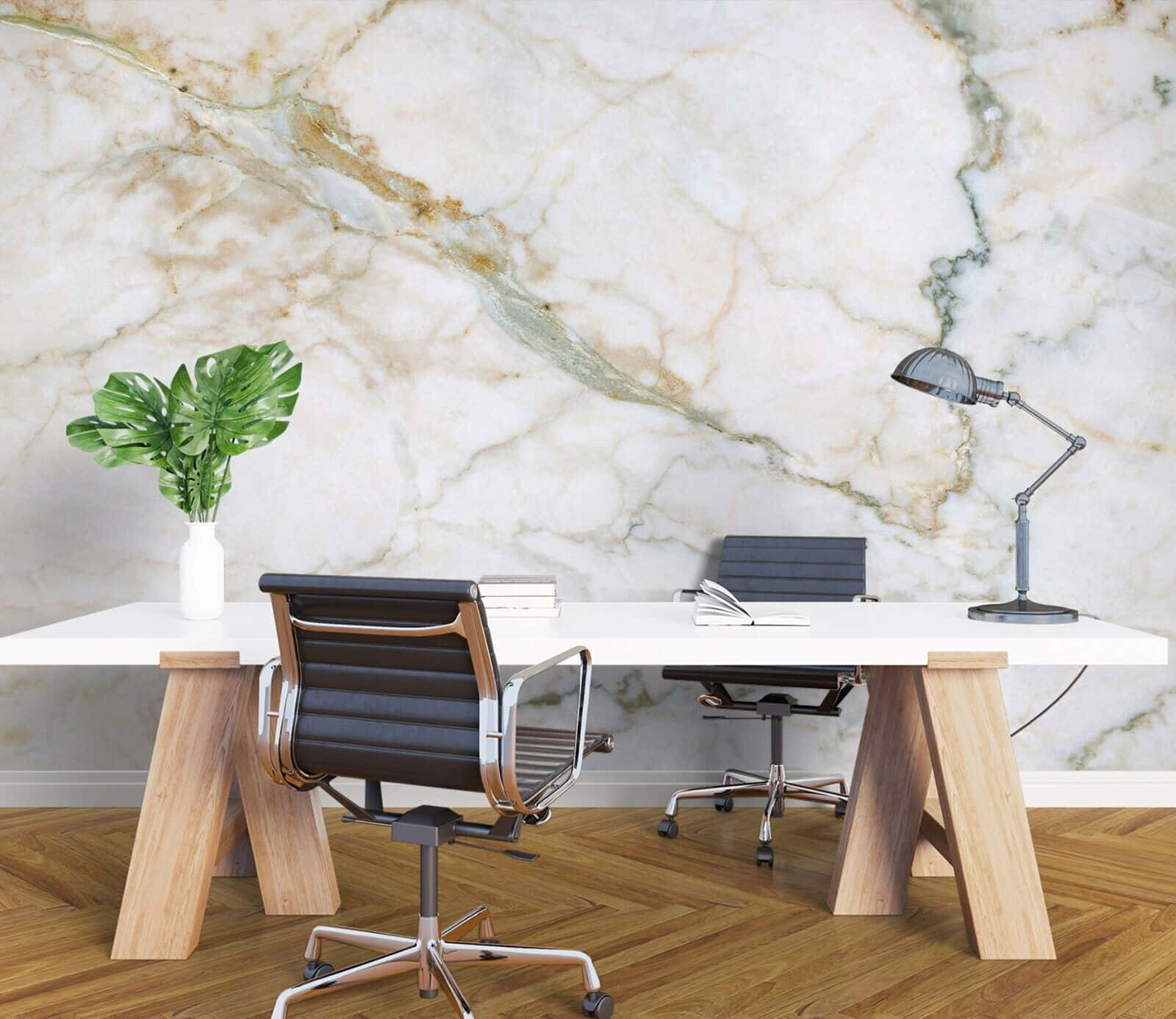 marble wall, white desk, wooden legs, HD Desktop Wallpaper