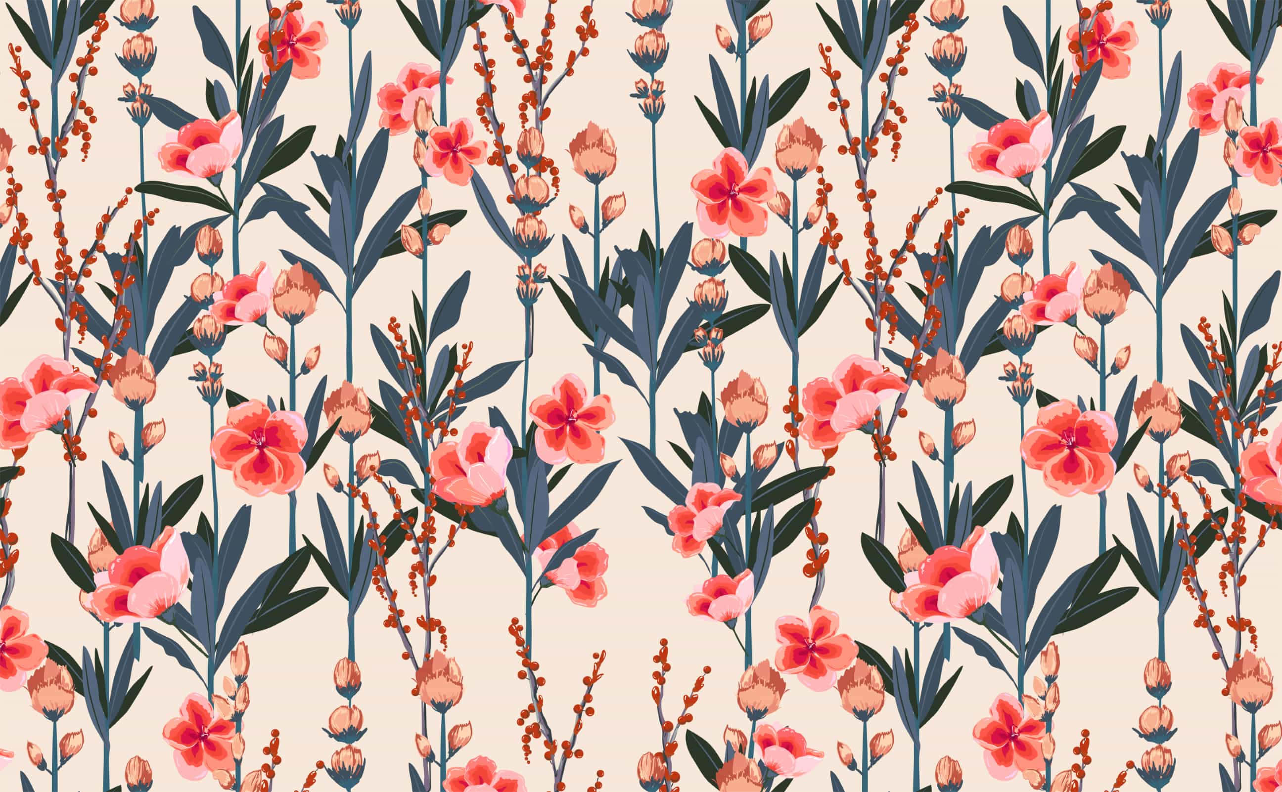 elegant floral, coral pink flowers, dark blue-green foliage, 2K Desktop Wallpaper