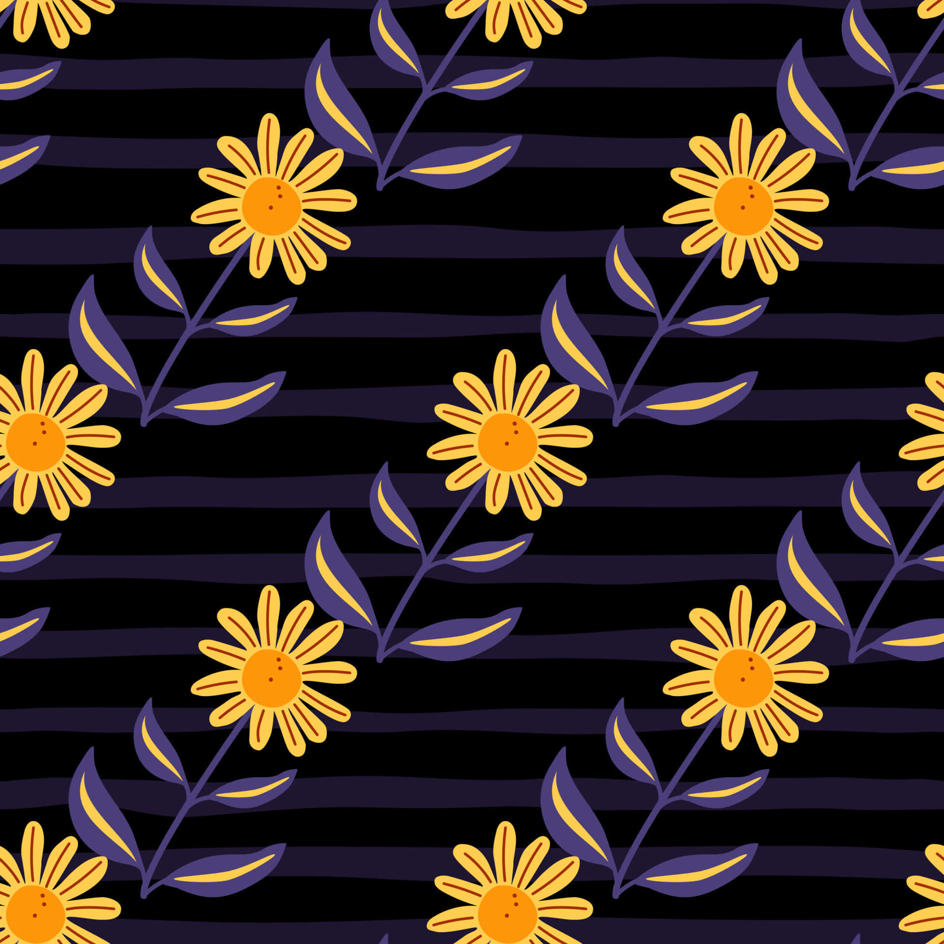 Elegant Floral, vibrant yellow daisies, purple stems, Full HD Desktop Wallpaper