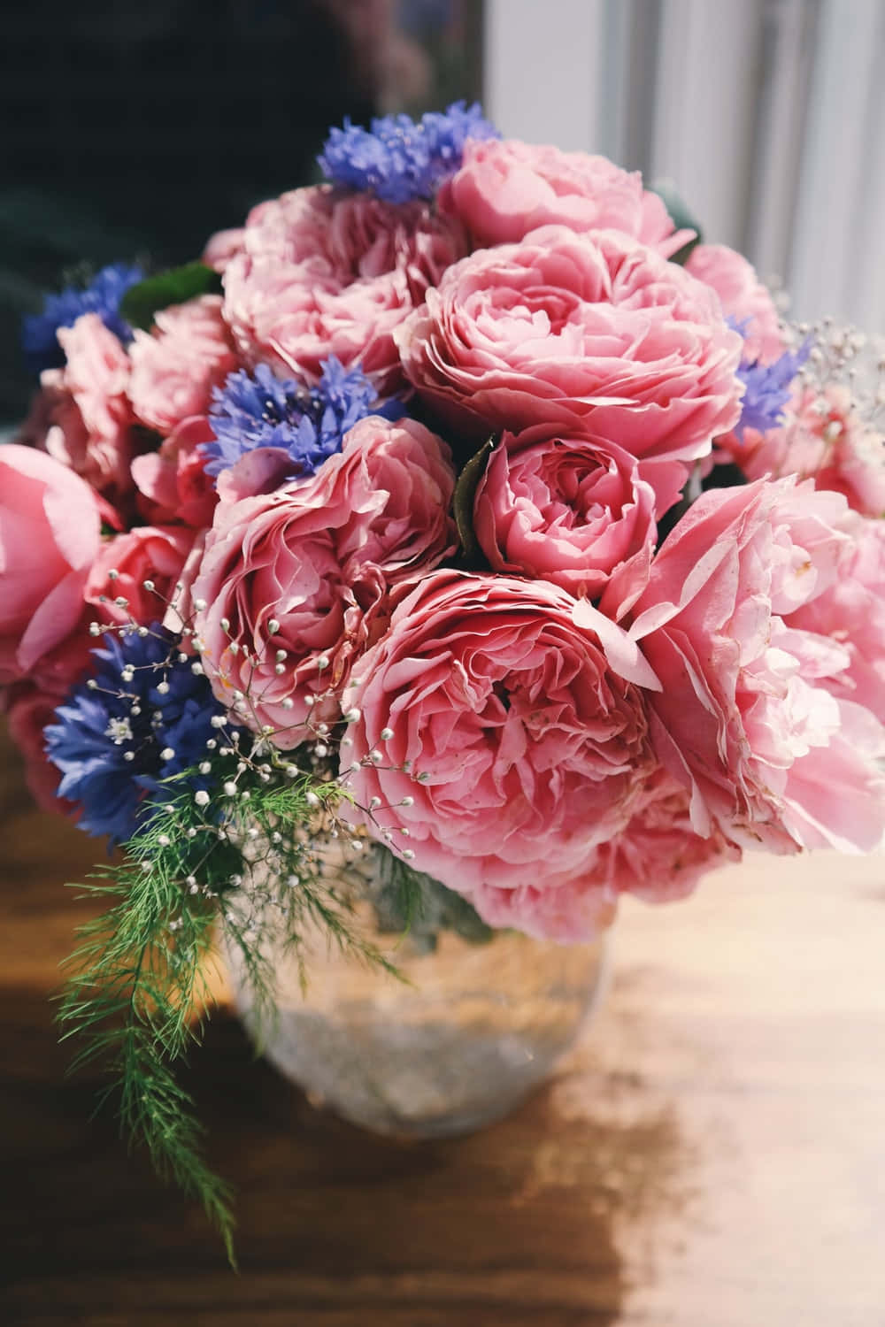 pink peonies, blue cornflowers, glass vase, HD Phone Wallpaper
