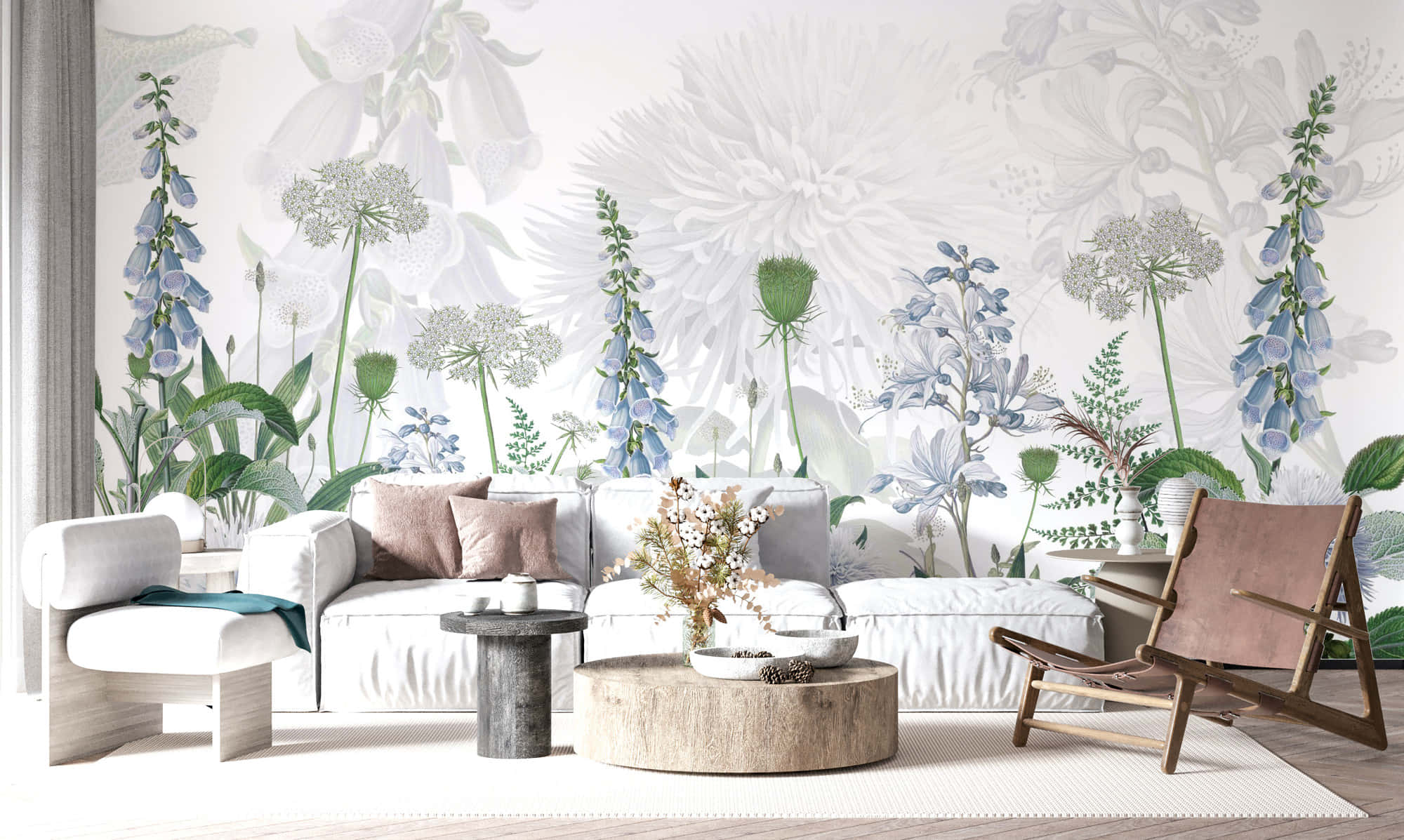 Elegant Floral, blue and green botanicals, white sofa, Full HD Desktop Wallpaper