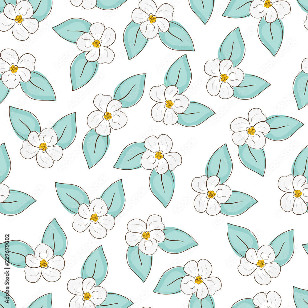 white flowers, yellow centers, teal leaves, SD Desktop Wallpaper