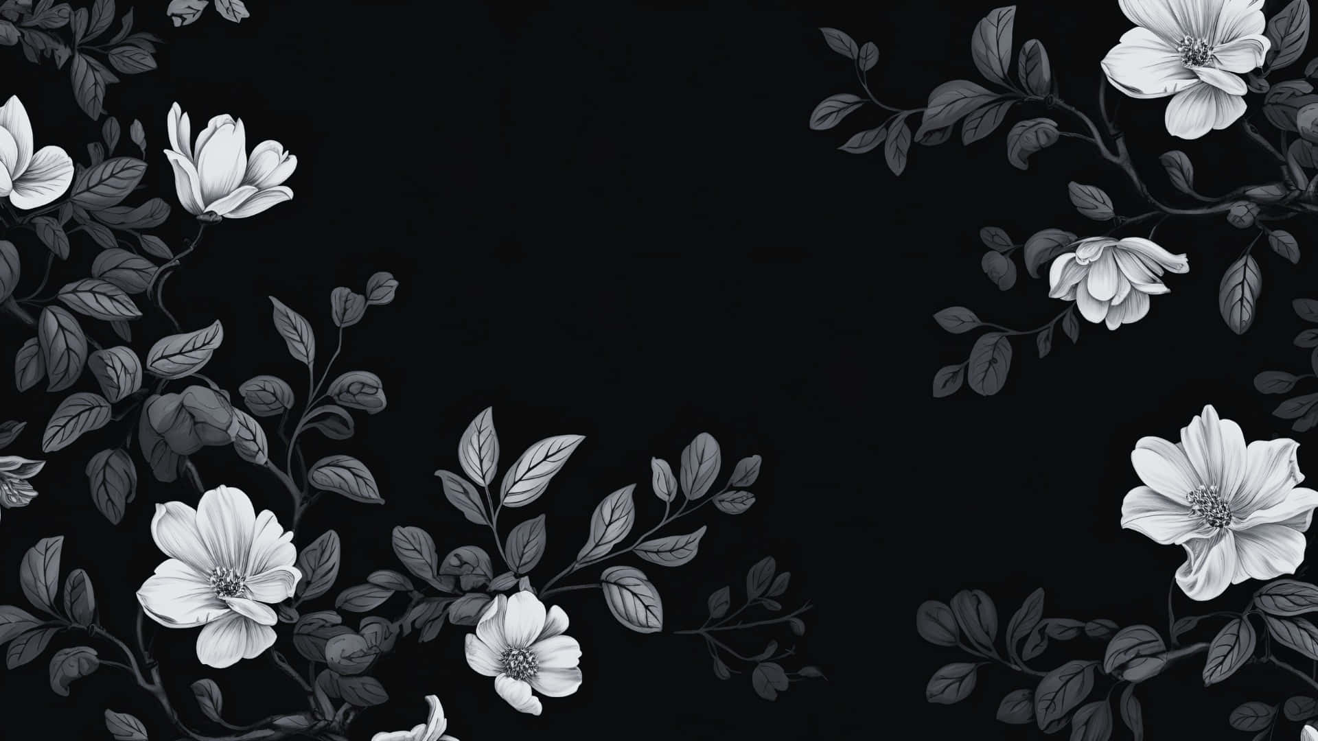 Elegant Black And White Floral Wallpaper, monochrome floral pattern, white blossoms, Full HD Desktop Wallpaper