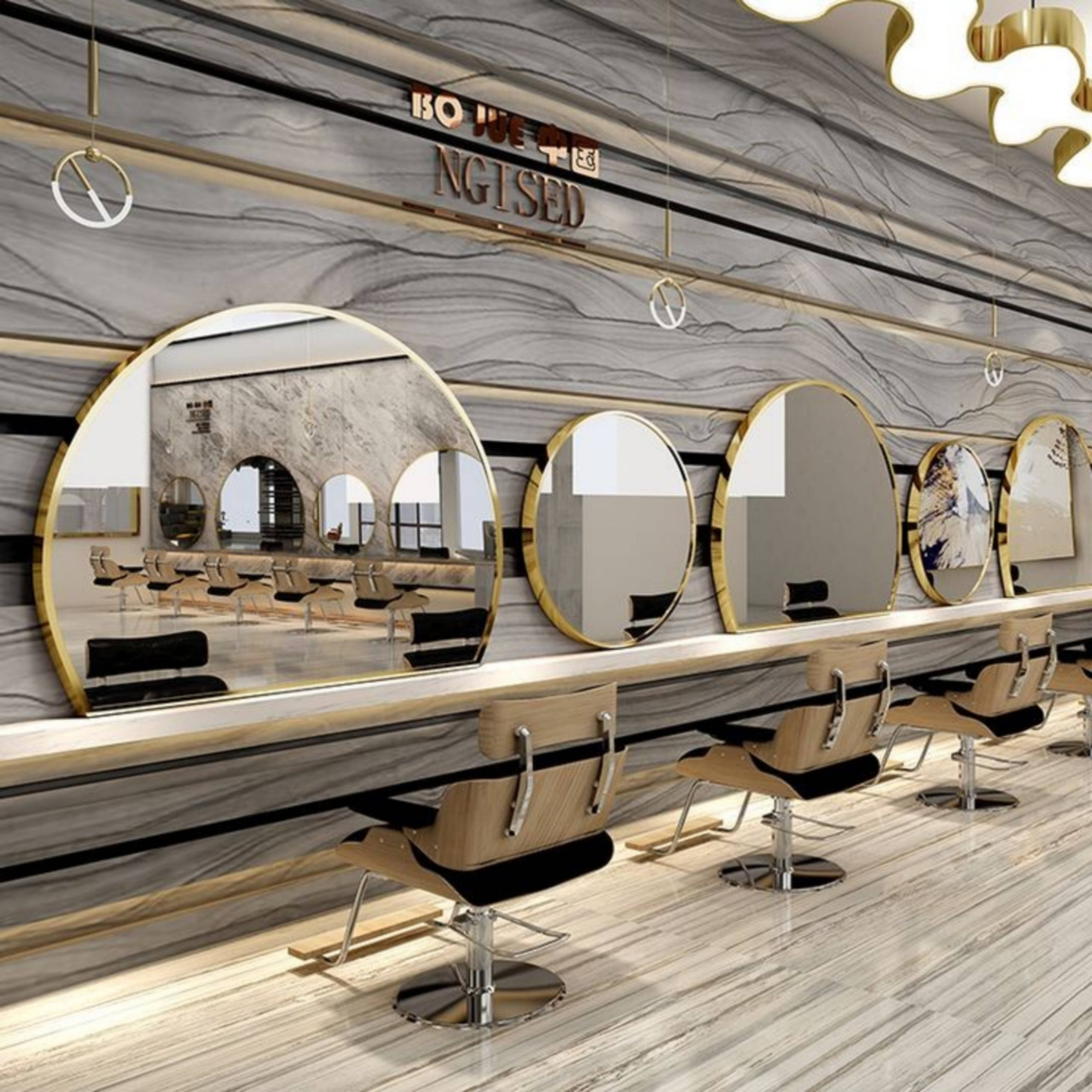 Elegant Hair Salon, gold mirror, marble walls, 2K Desktop Wallpaper