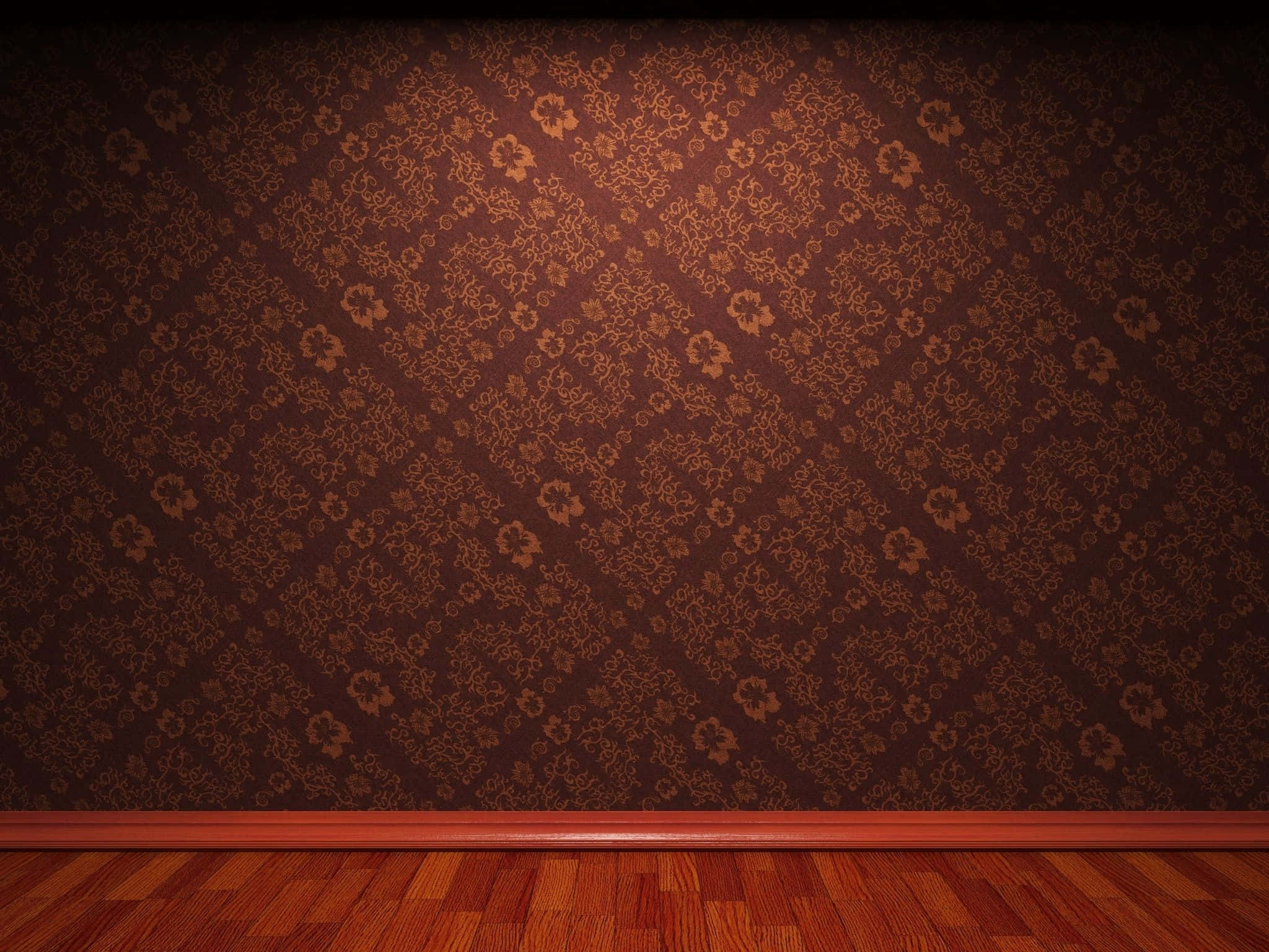 dark brown floral wallpaper, warm wooden floorboards, soft ambient light, Full HD Desktop Wallpaper