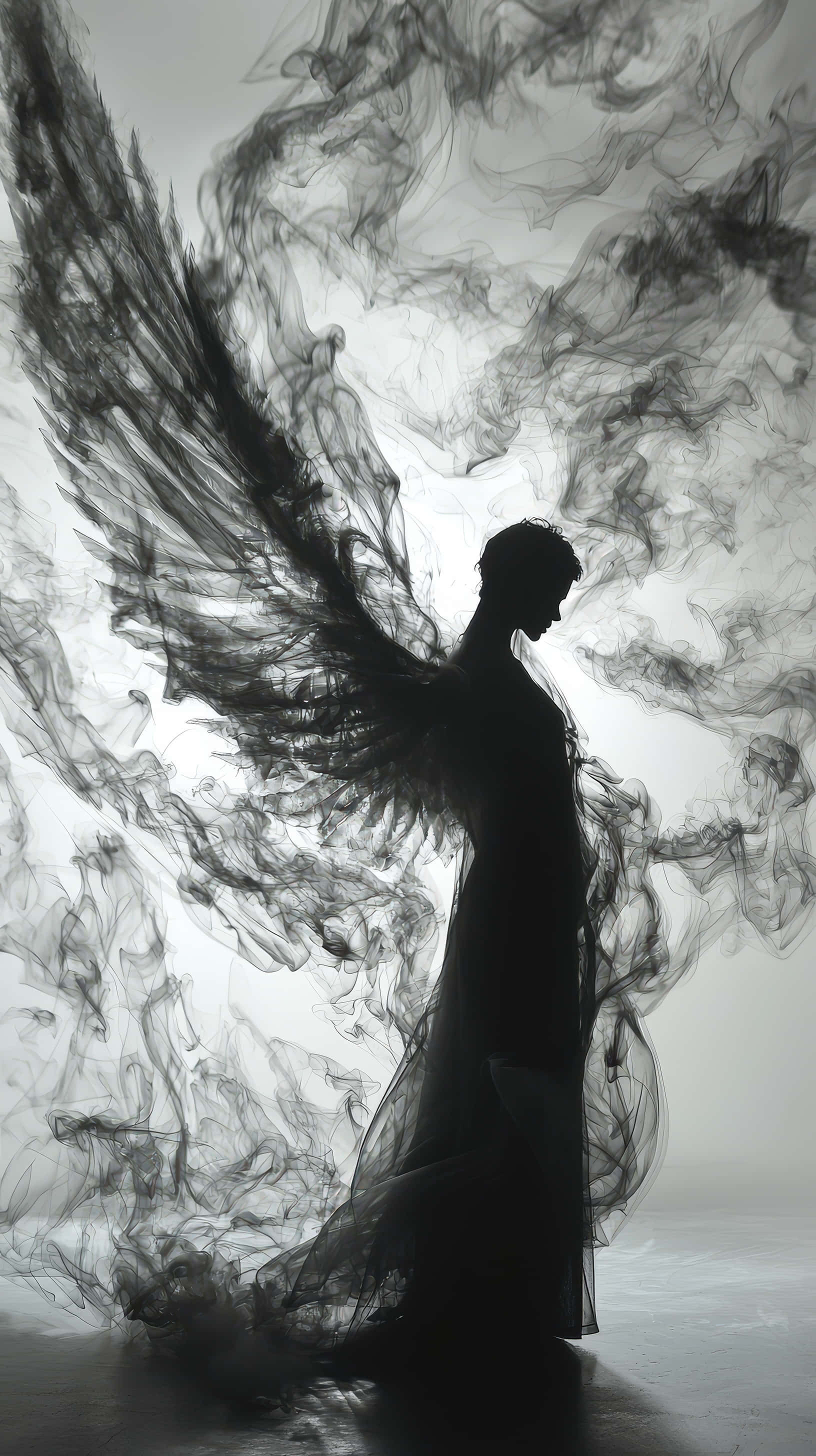dark angel figure, flowing smoke-like wings, swirling black smoke, 2K Phone Wallpaper