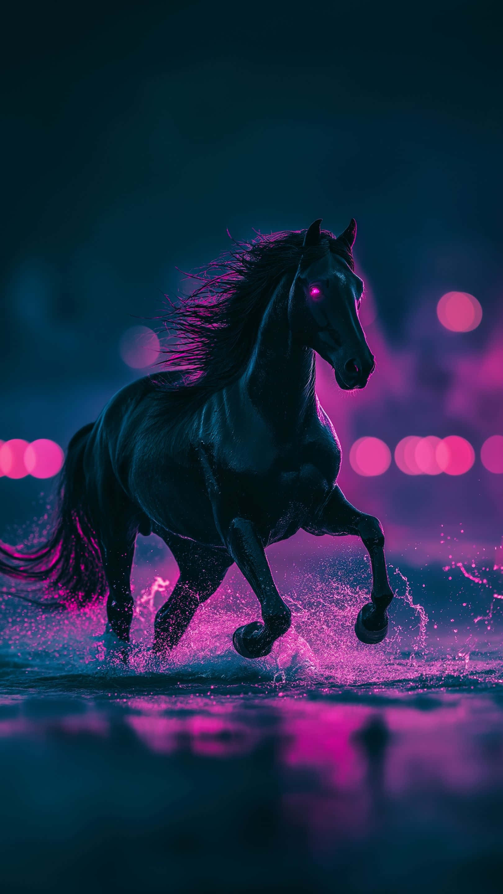 black horse, glowing magenta eyes, illuminated water, 2K Phone Wallpaper