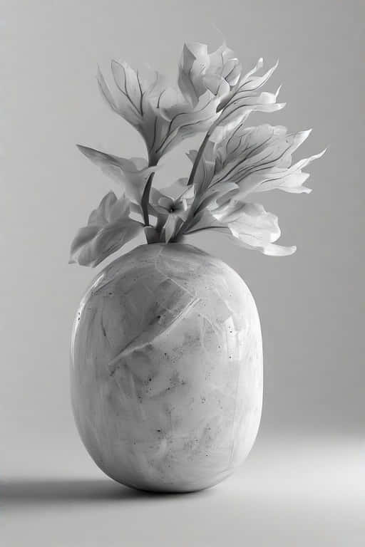 monochrome, textured marble vase, delicate wispy leaves, SD Phone Wallpaper