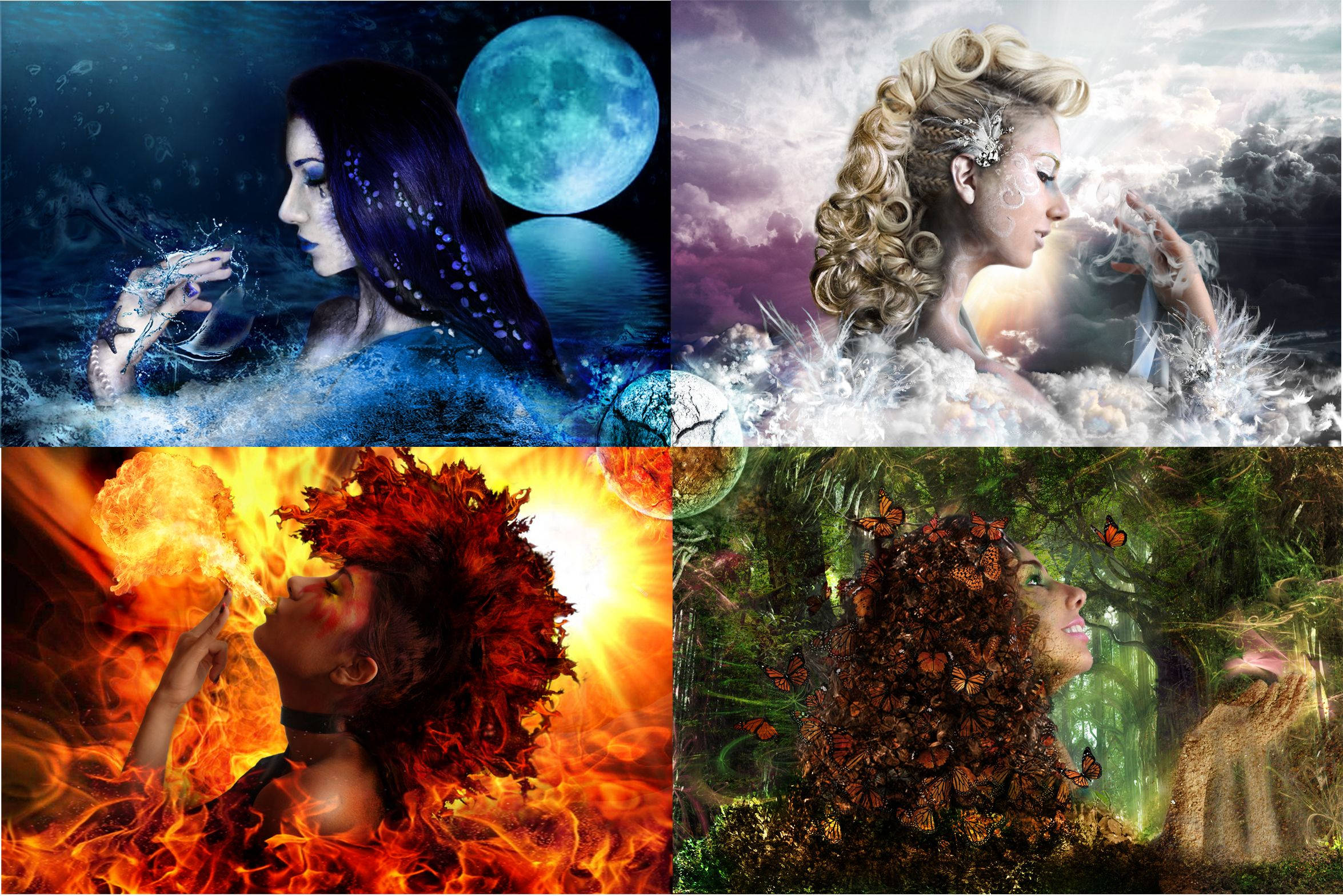 Artistic Earth Element Cosplay, moonlit water, fire flames, Full HD Desktop Wallpaper