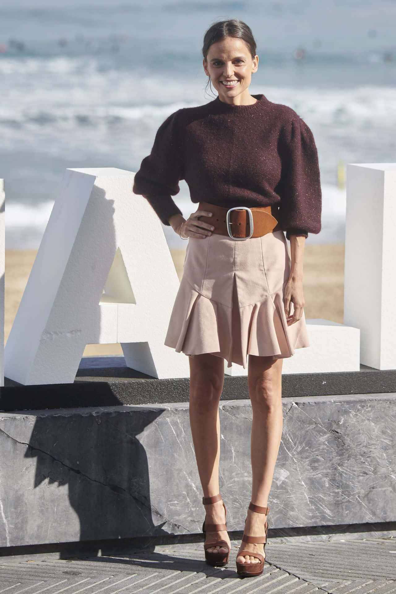 Elena Anaya, burgundy sweater, beige skirt, Full HD Phone Wallpaper