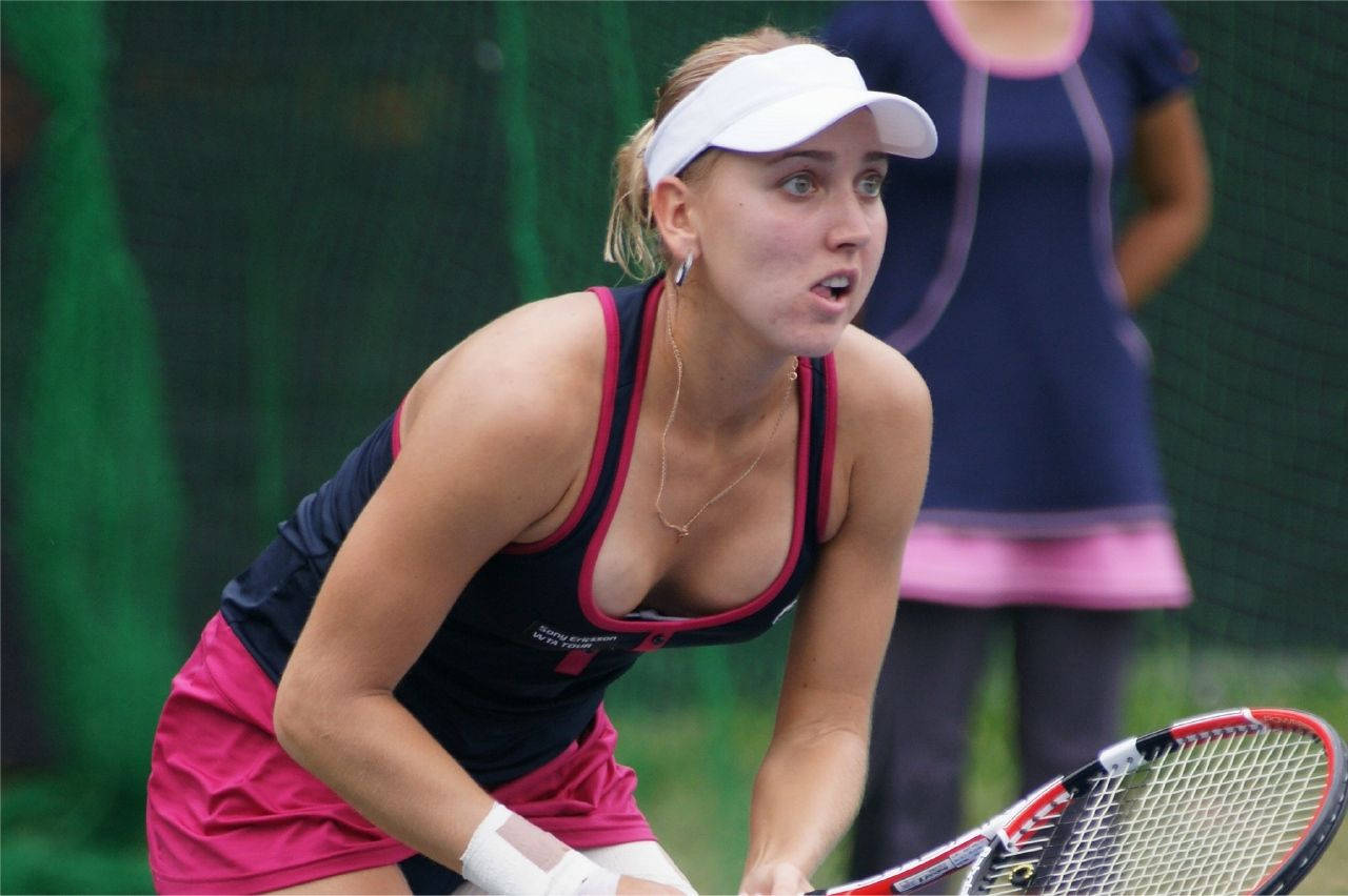 Elena Vesnina, white visor, pink skirt, HD Desktop Wallpaper