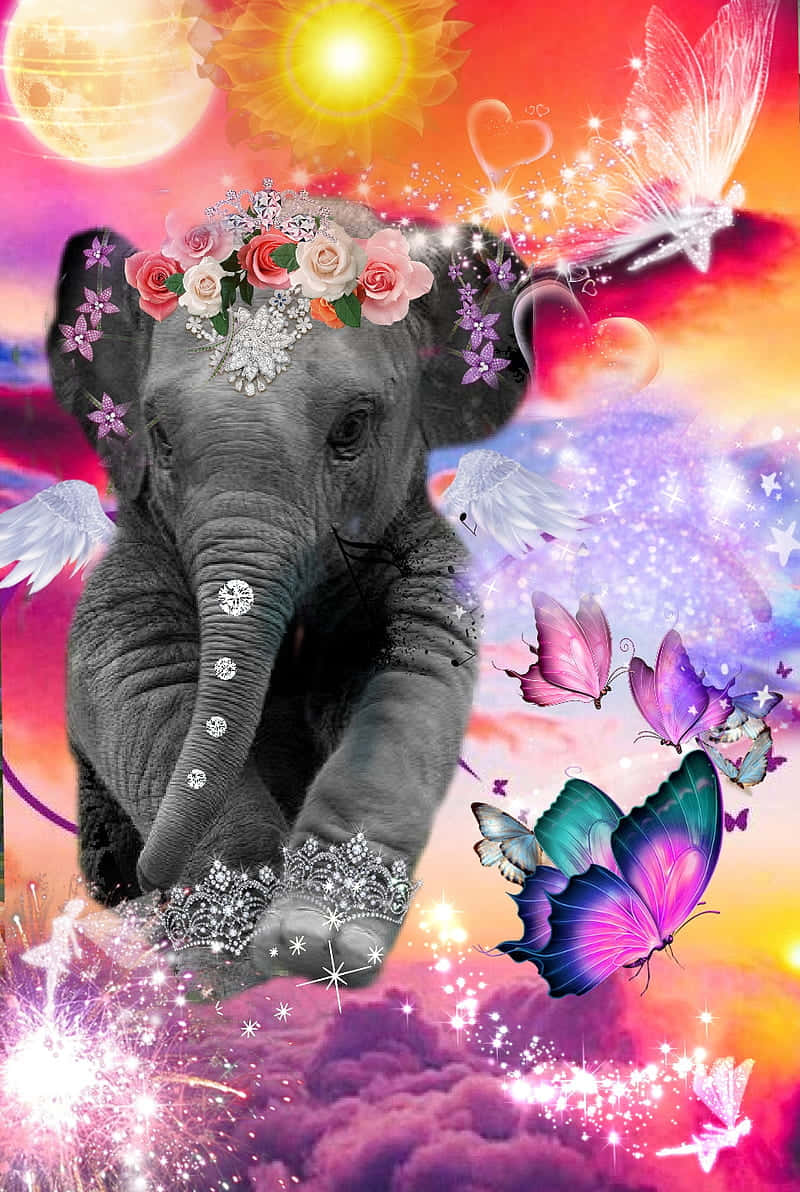 cute elephant, colorful fantasy world, flowers, SD Phone Wallpaper