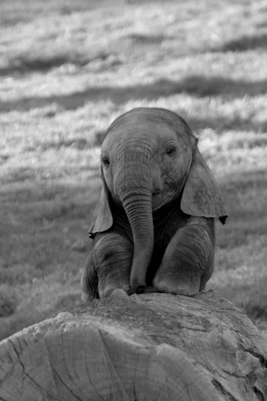 baby elephant, black and white photo, tree stump, HD Phone Wallpaper