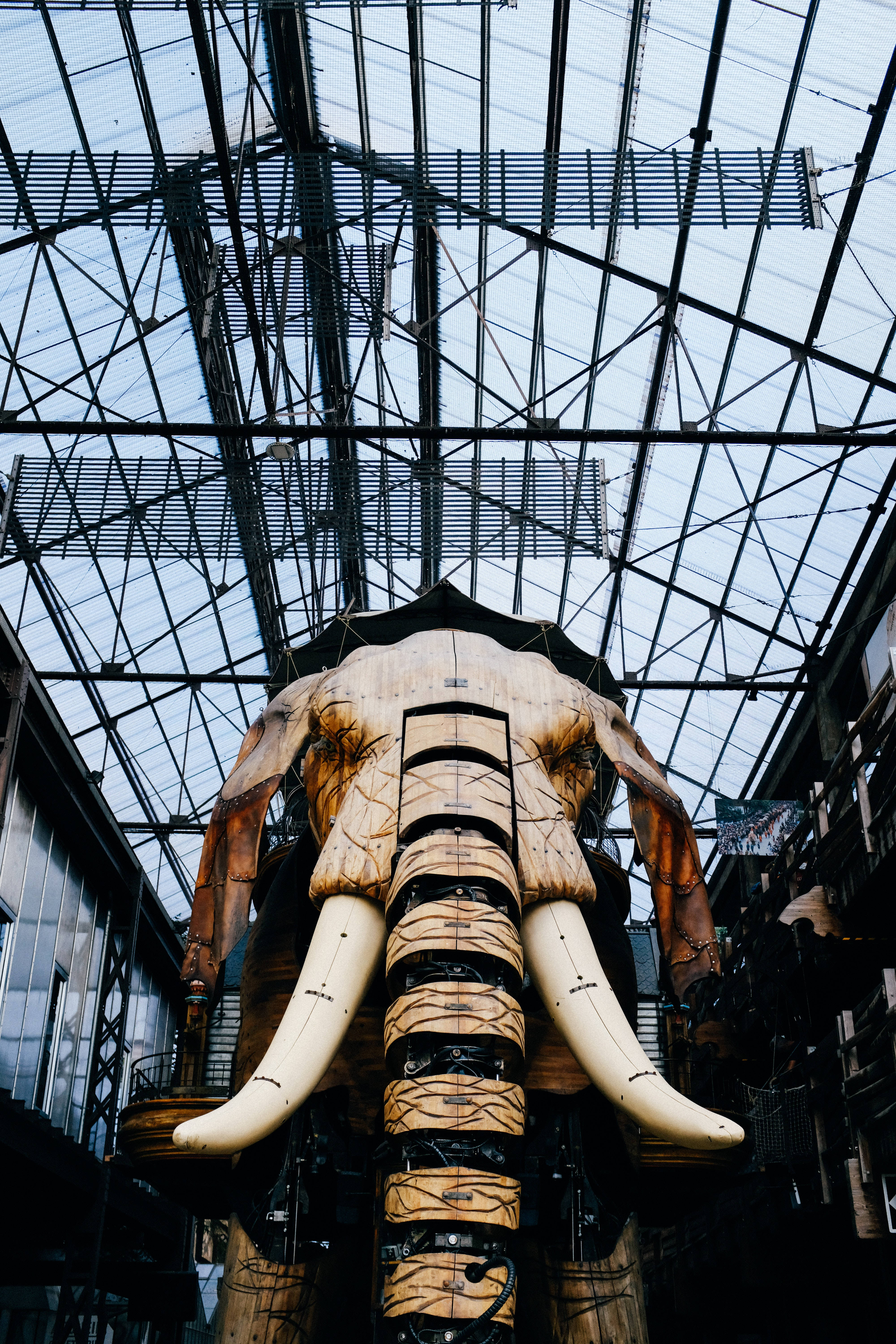 mechanical elephant, wooden elephant sculpture, intricate carvings, 5K Phone Wallpaper