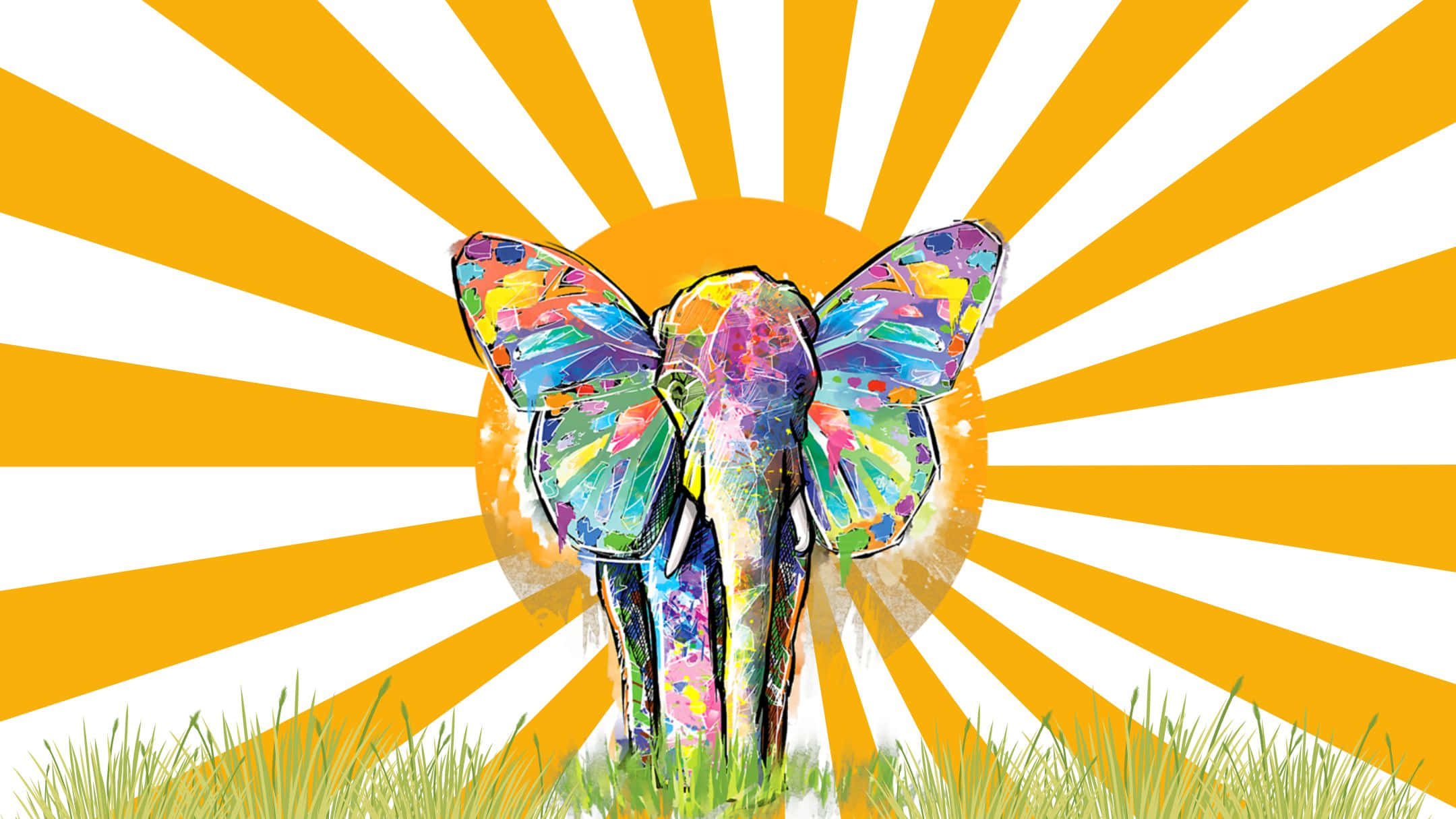 elephant, butterfly wings, grass, Full HD Desktop Wallpaper